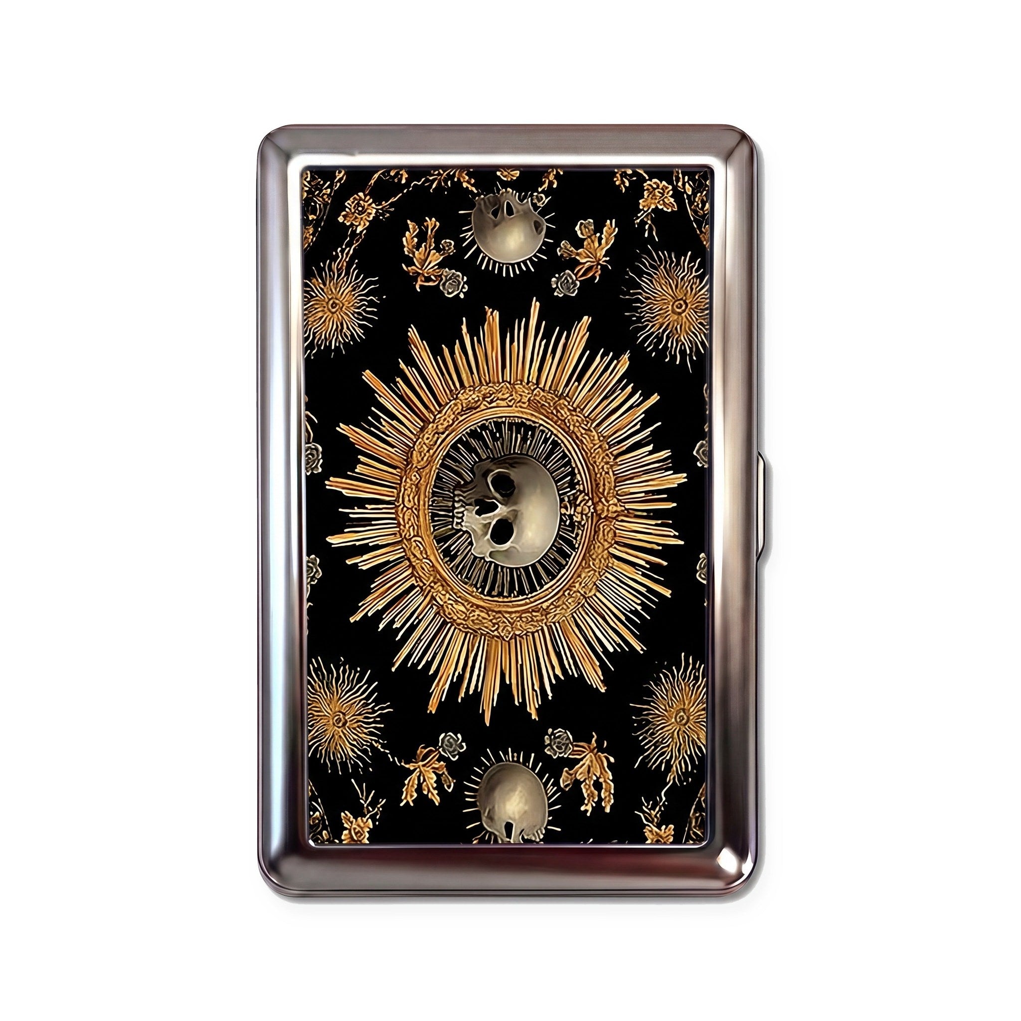 Black Sun tin cardholder wallet with baroque gold sunburst skulls on black design