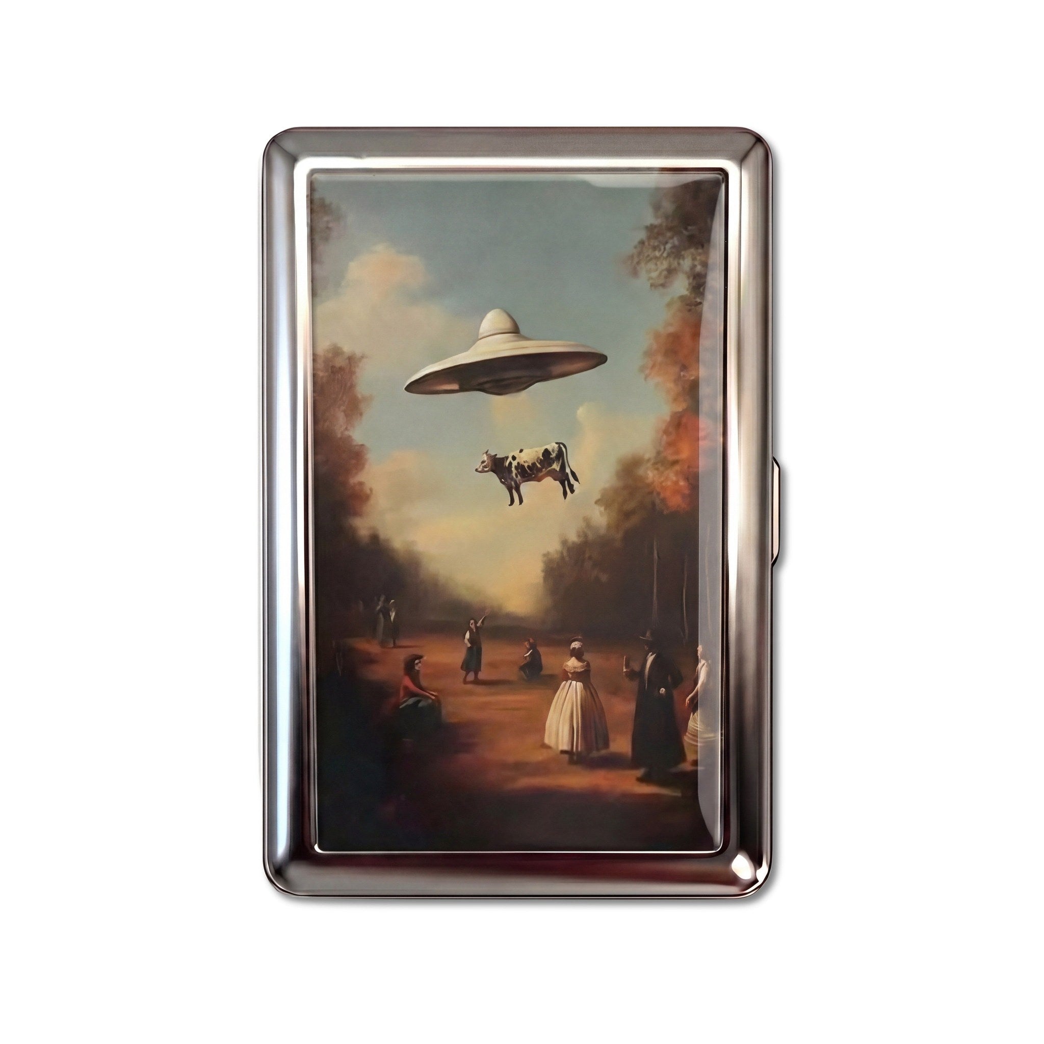 Bovine Abduction tin cardholder wallet, large size, UFO lifting a cow over a vintage landscape #Size_Large