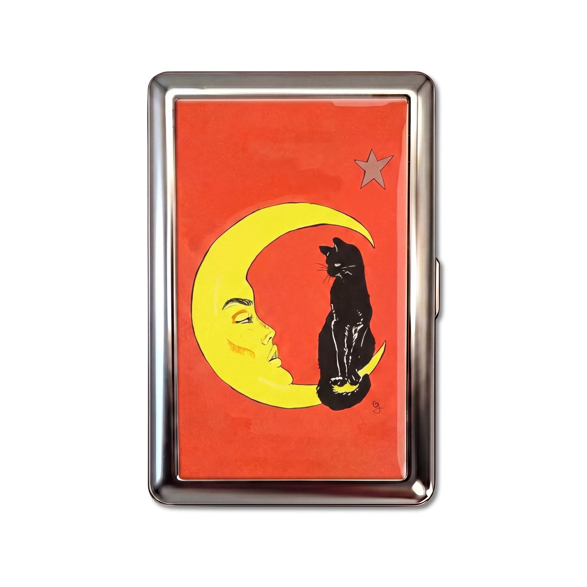 Cat and Crescent tin cardholder wallet, large size, black cat perched on yellow moon, red background #Size_Large