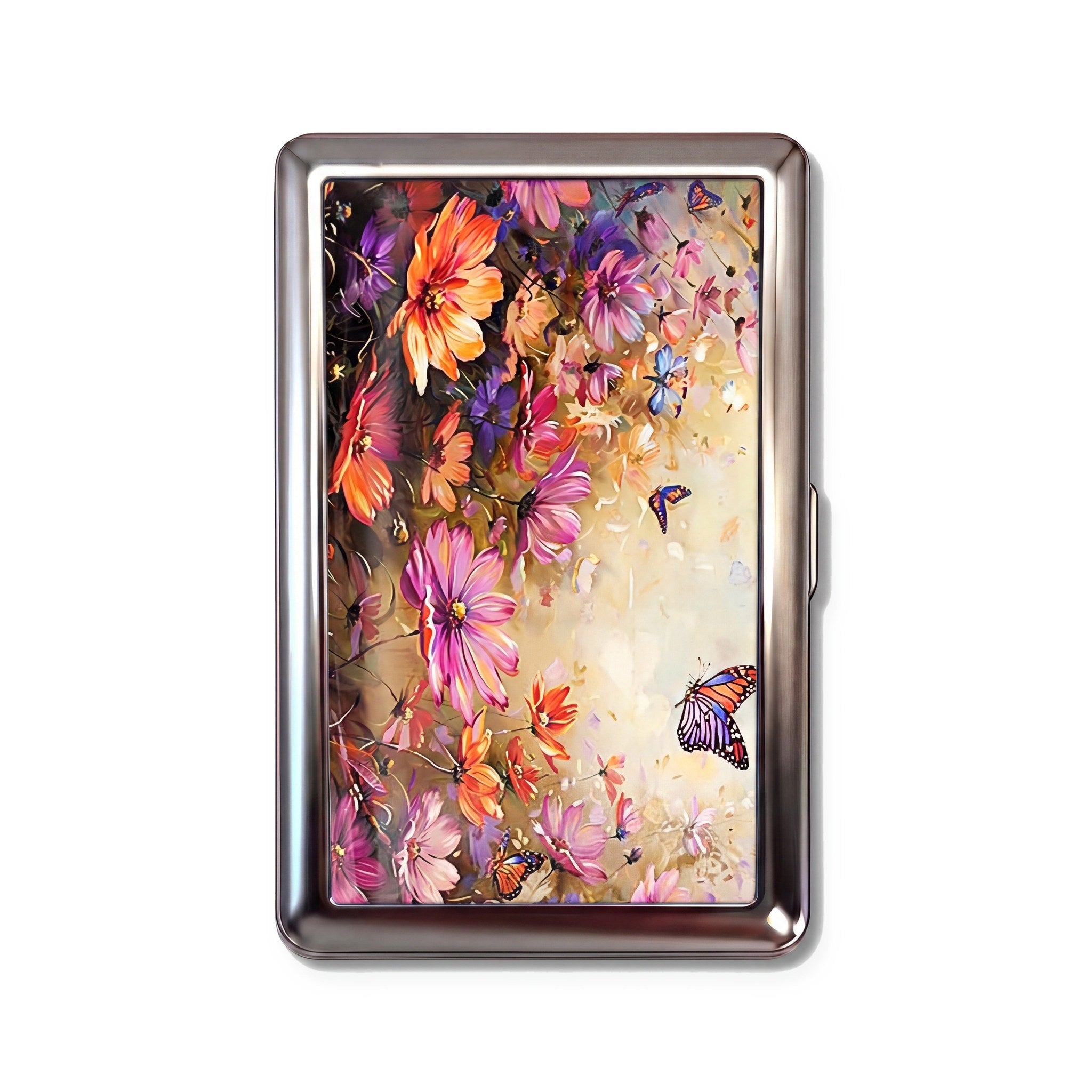 Cosmos Garden tin cardholder wallet with painted wildflowers and monarch butterflies design