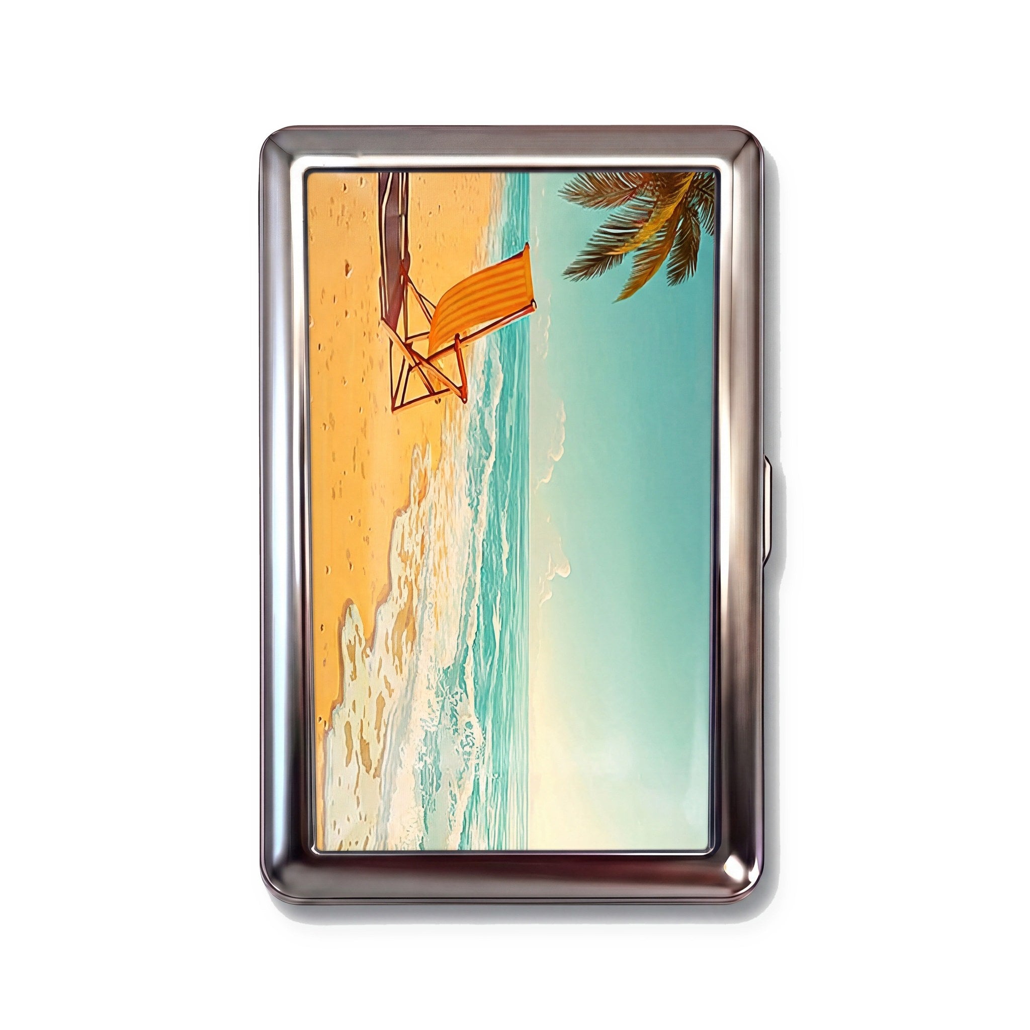 Endless Summer tin cardholder wallet with retro beach chair palm tree and ocean design