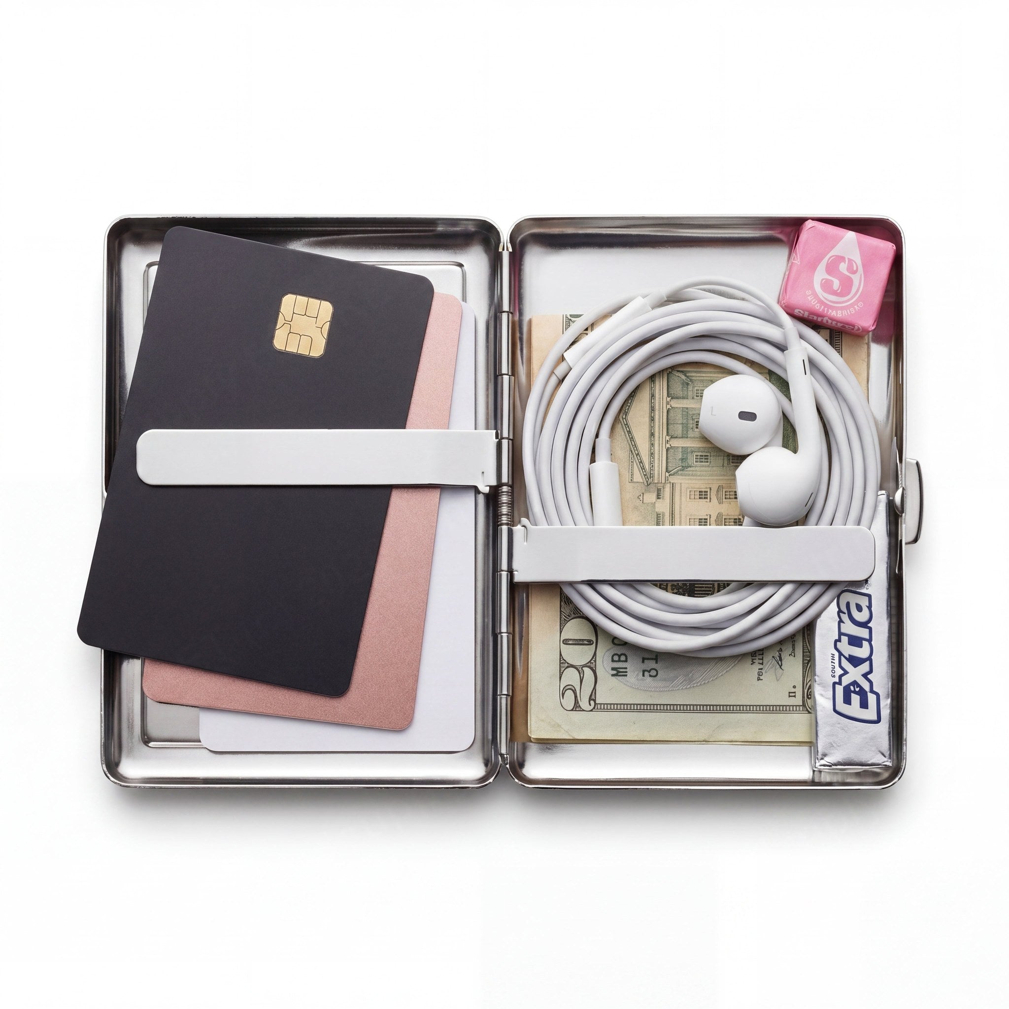 Trinket tin cardholder wallet open showing cards, cash, and everyday carry essentials