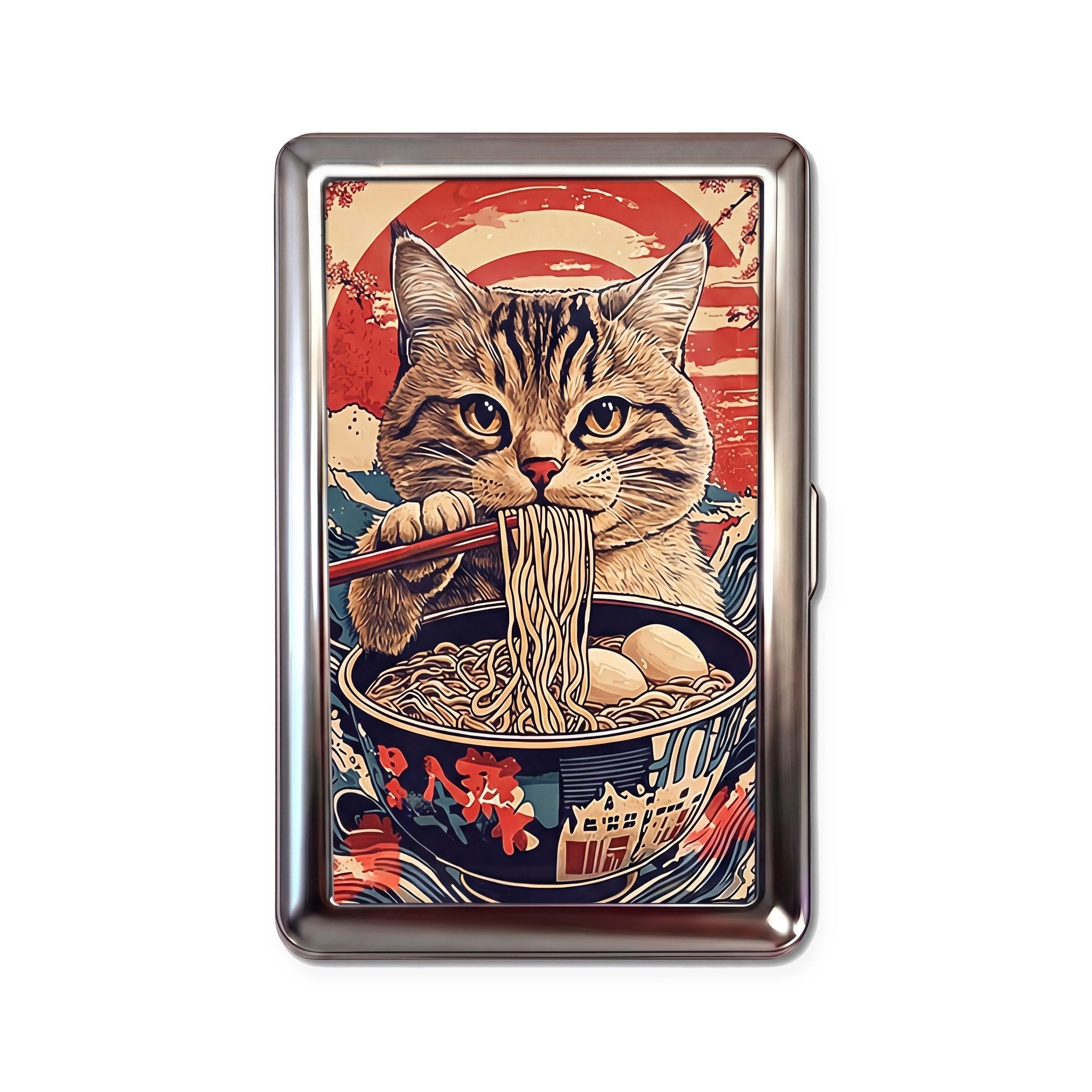 Ramen Cat tin cardholder wallet with ukiyo-e style cat eating ramen with chopsticks design