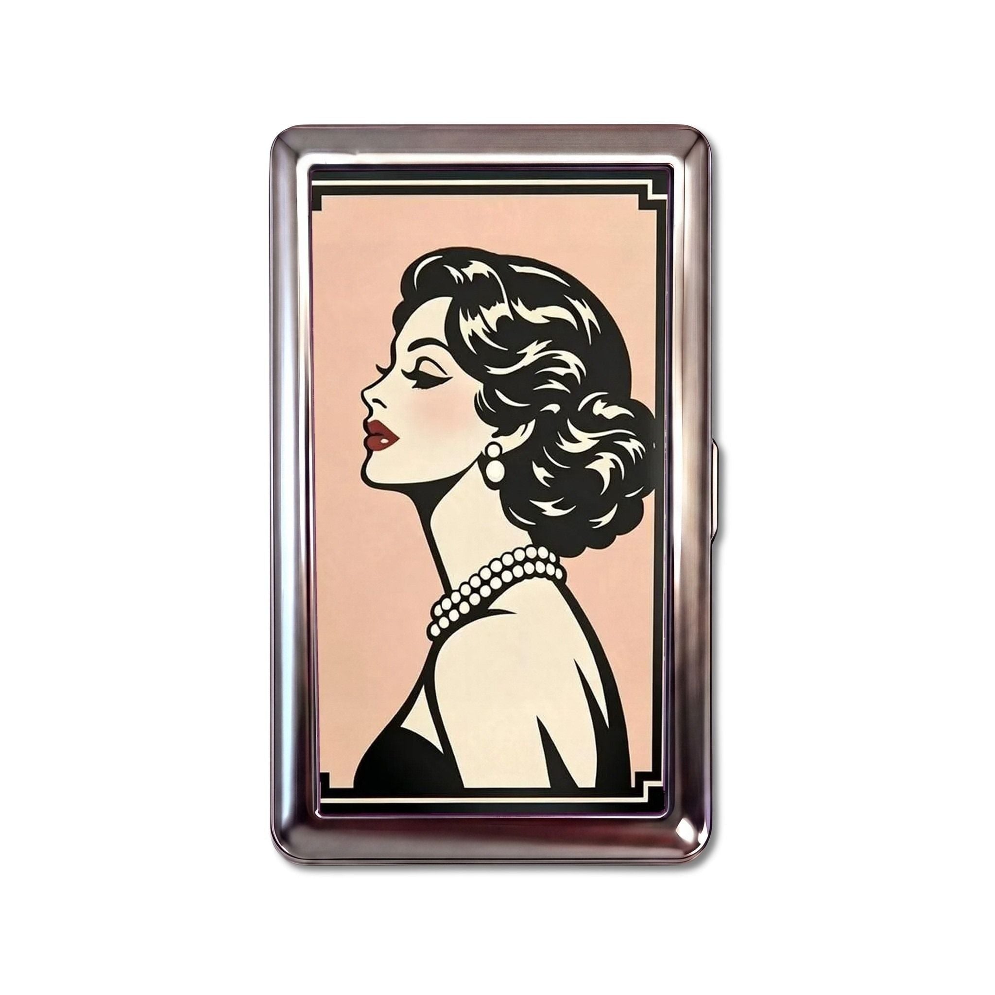 Café Society tin cardholder wallet, standard size, Art Deco black-ink profile of a woman in pearls on peach #Size_Standard