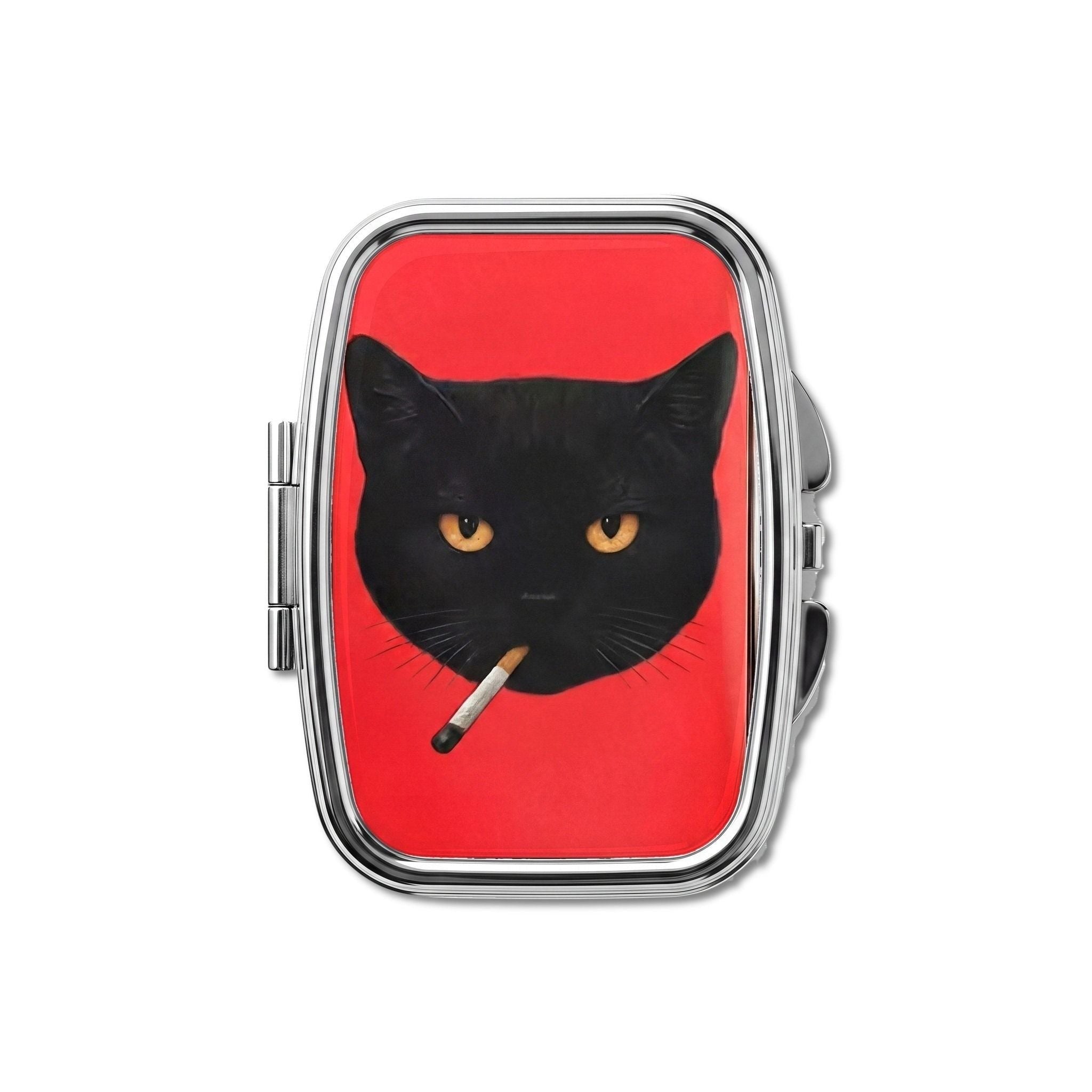 Bad Habit pill box, black cat with a lit cigarette on fire-engine red
