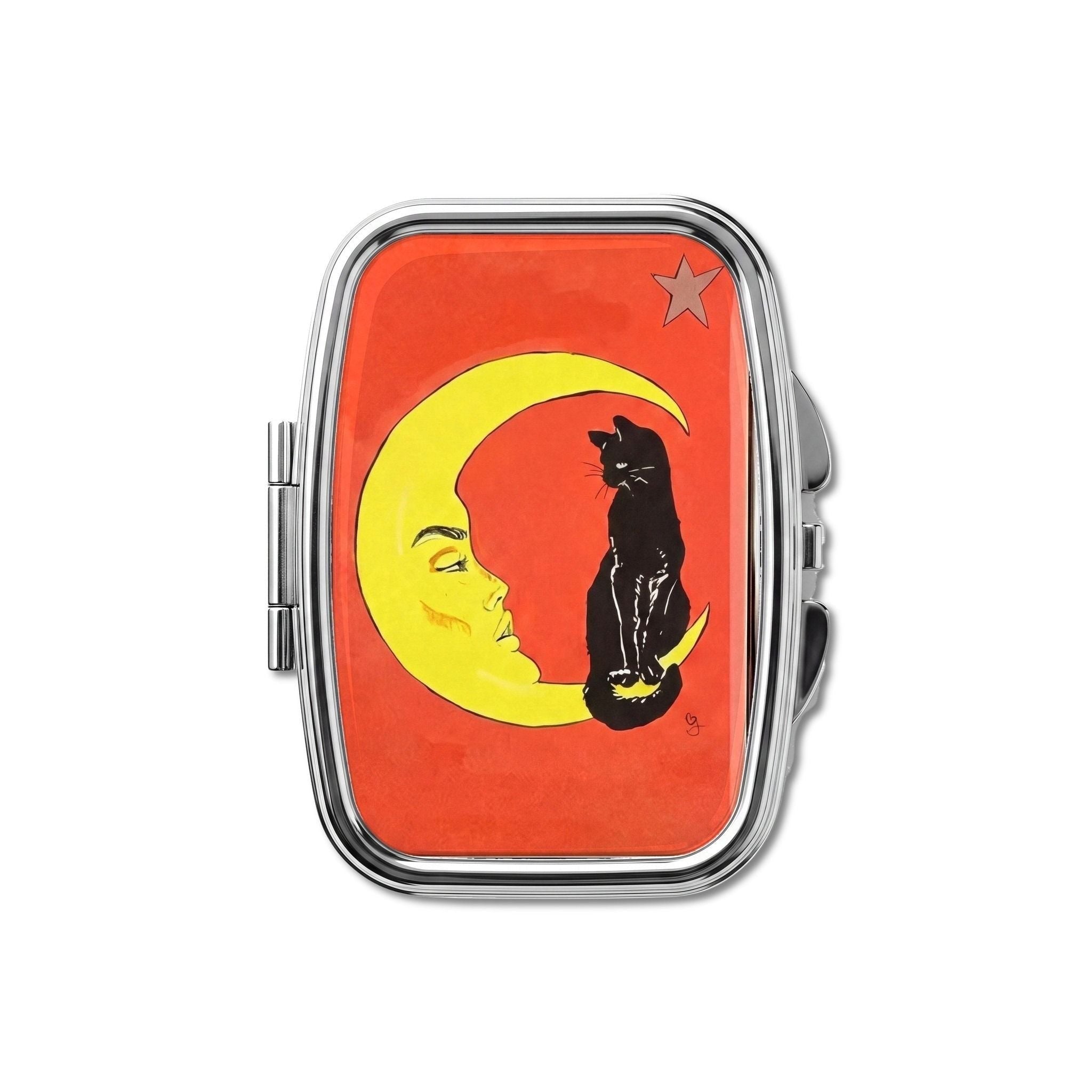 Cat & Crescent pill box, black cat perched on a yellow crescent moon on red