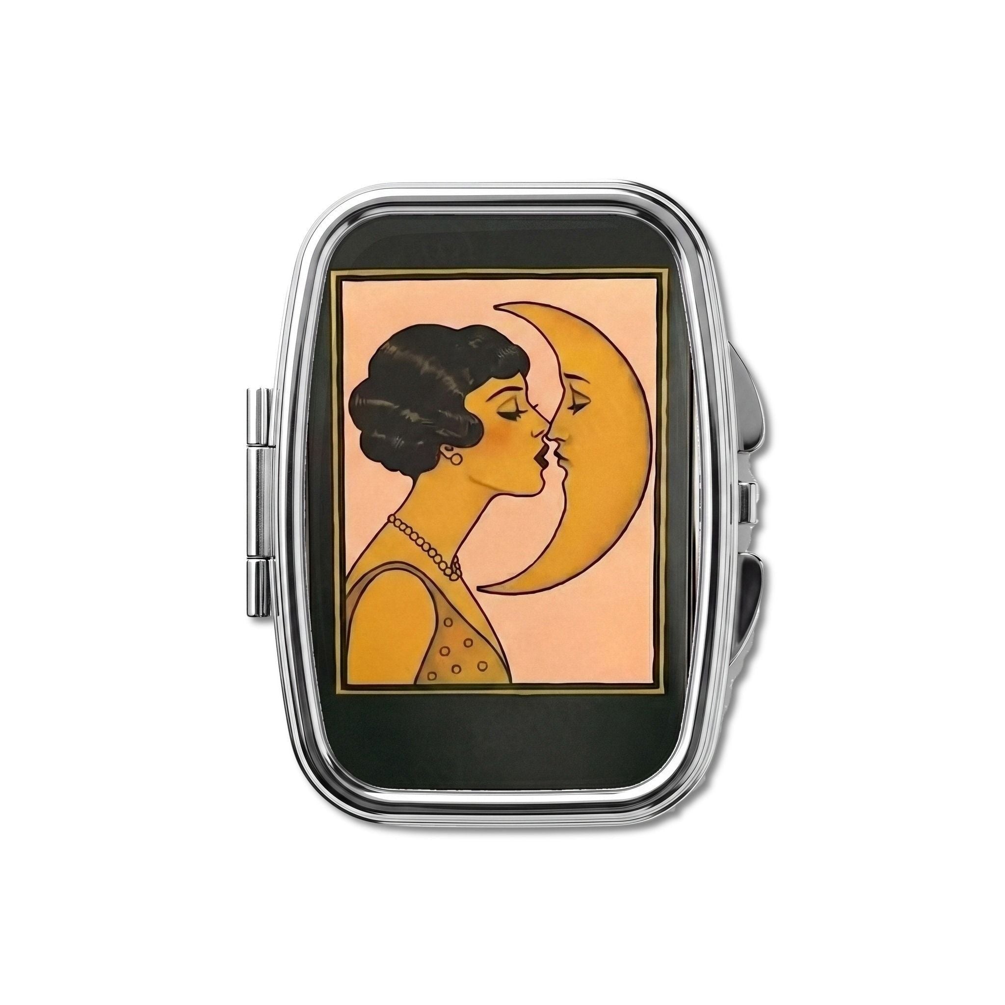 Moonlit Kiss pill box, Art Deco flapper kissing a crescent moon