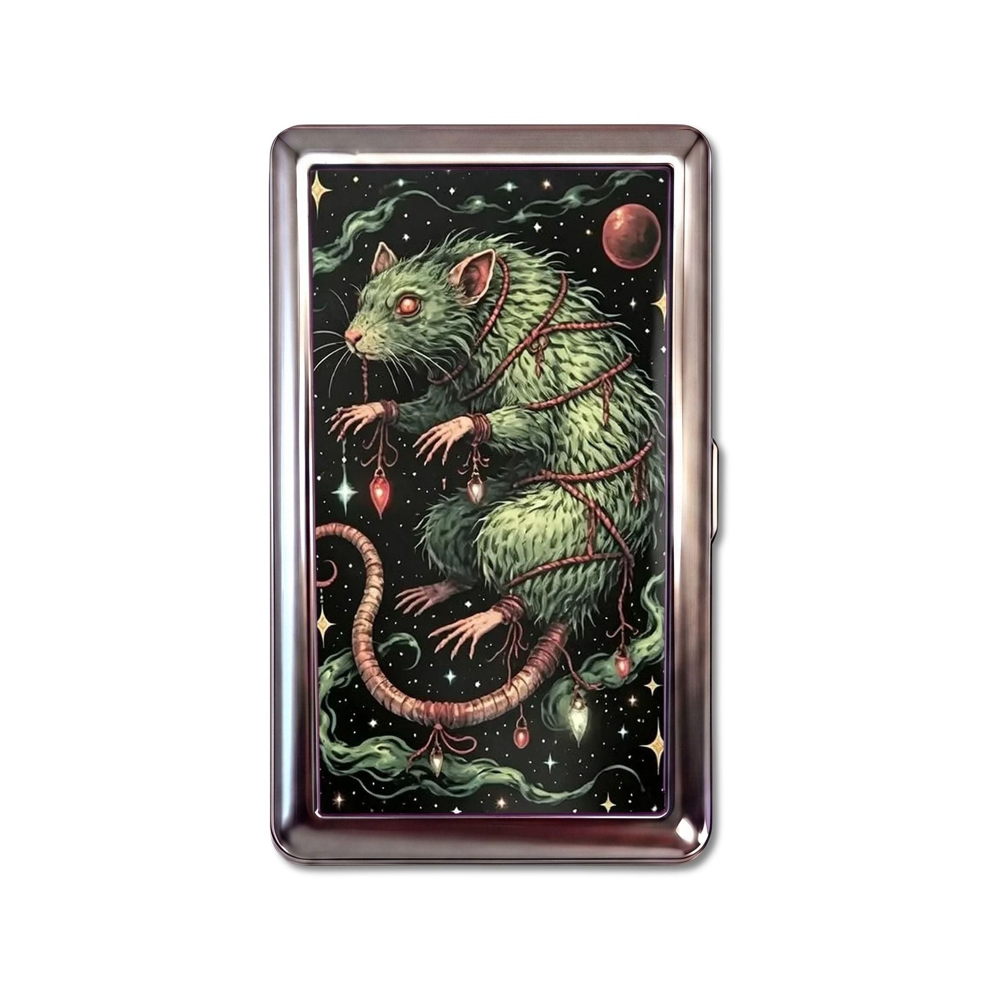 Astral Rat tin cardholder wallet, standard size, jewelled green rat among stars with a red planet #Size_Standard