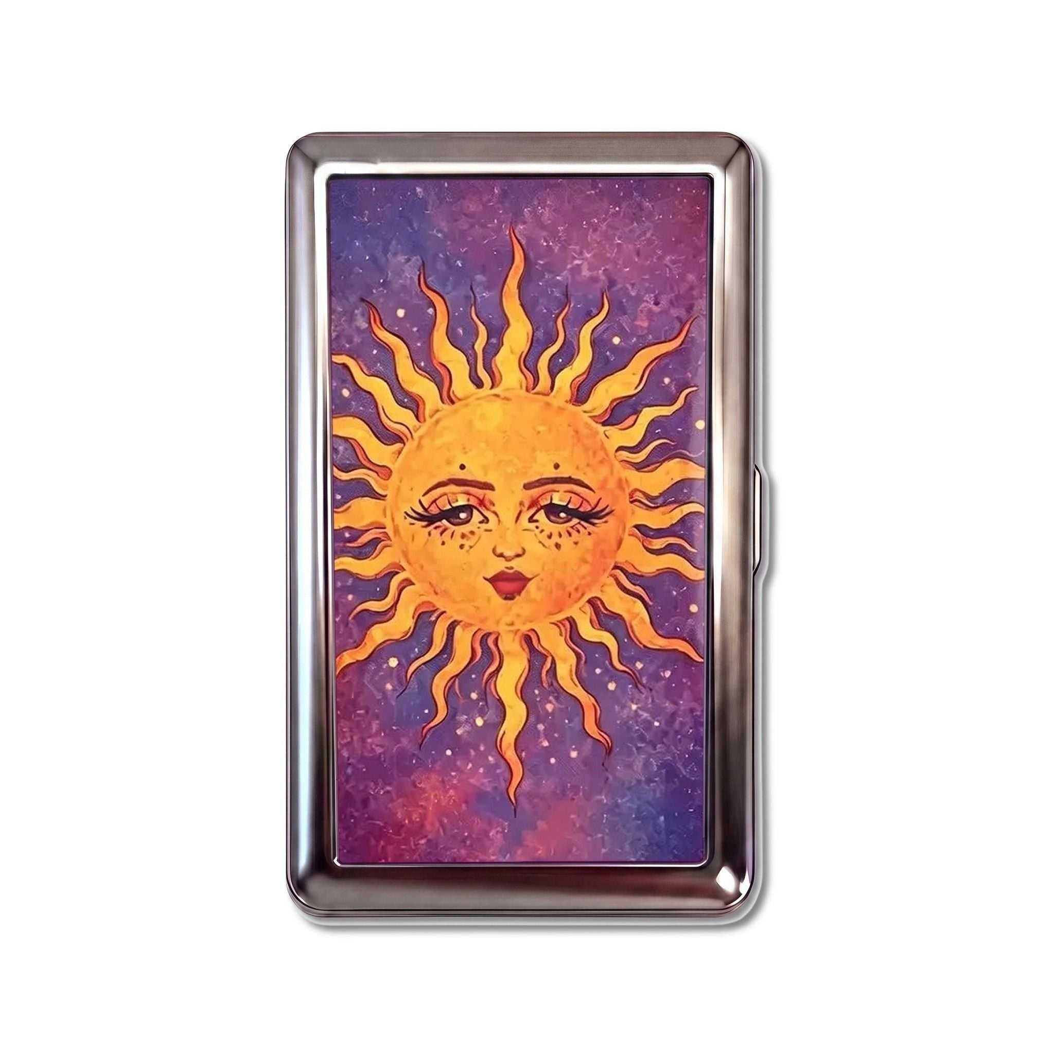 Midnight Sun tin cardholder wallet, standard size, painted sun face with wavy rays on a purple and magenta galaxy #Size_Standard