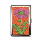 Acid Poppy tin cardholder wallet with pink poppy on swirling orange background