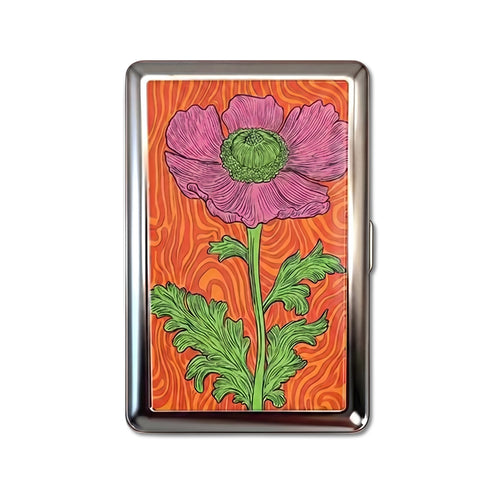 Acid Poppy tin cardholder wallet with pink poppy on swirling orange background