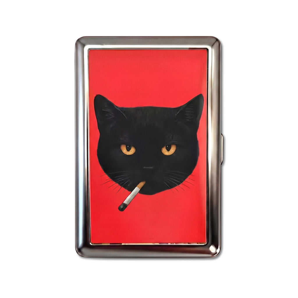 Bad Habit tin cardholder wallet with black cat holding a cigarette on red background