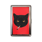 Bad Habit tin cardholder wallet with black cat holding a cigarette on red background