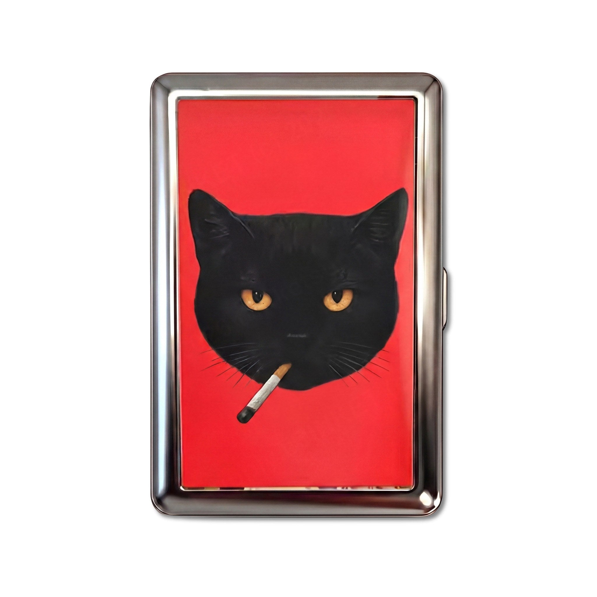 Bad Habit tin cardholder wallet, large size, black cat holding a cigarette on red background #Size_Large