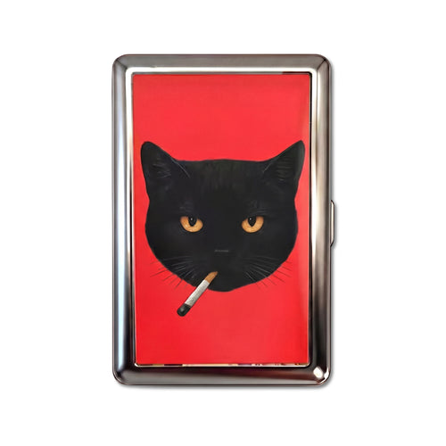 Bad Habit tin cardholder wallet with black cat holding a cigarette on red background