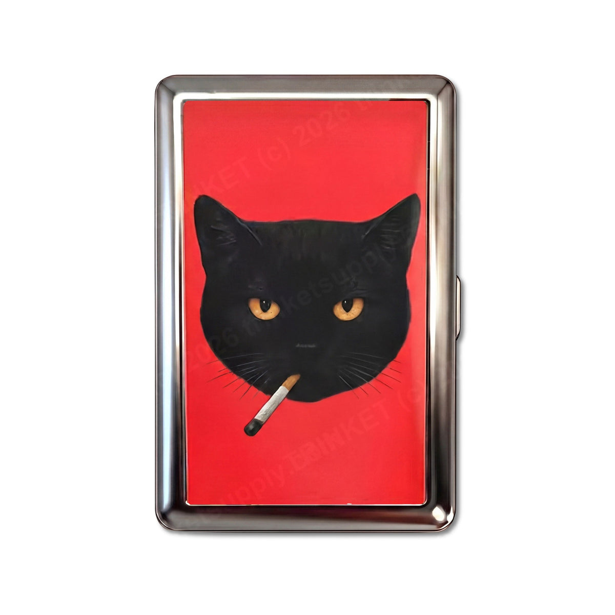 Bad Habit tin cardholder wallet, large size, black cat holding a cigarette on red background #Size_Large