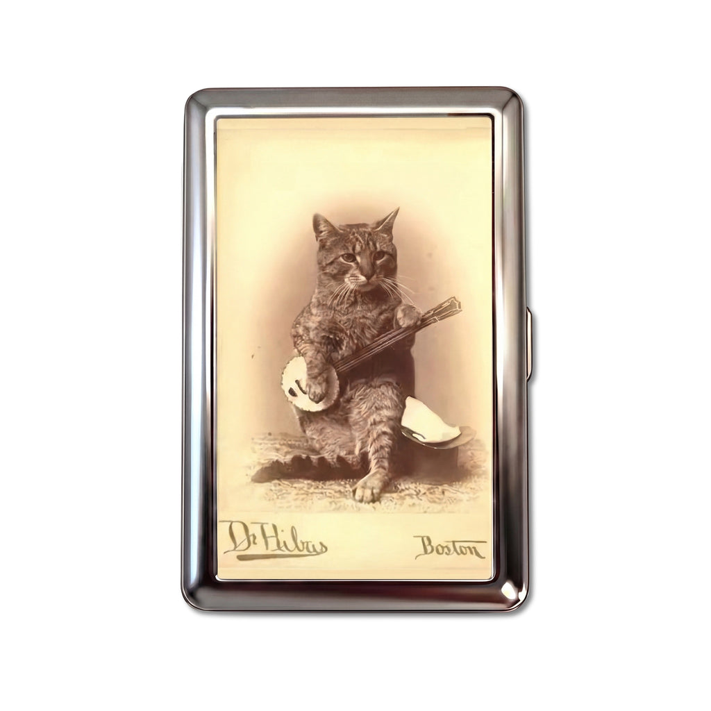 Banjo Cat tin cardholder wallet with sepia Victorian photograph of cat playing banjo