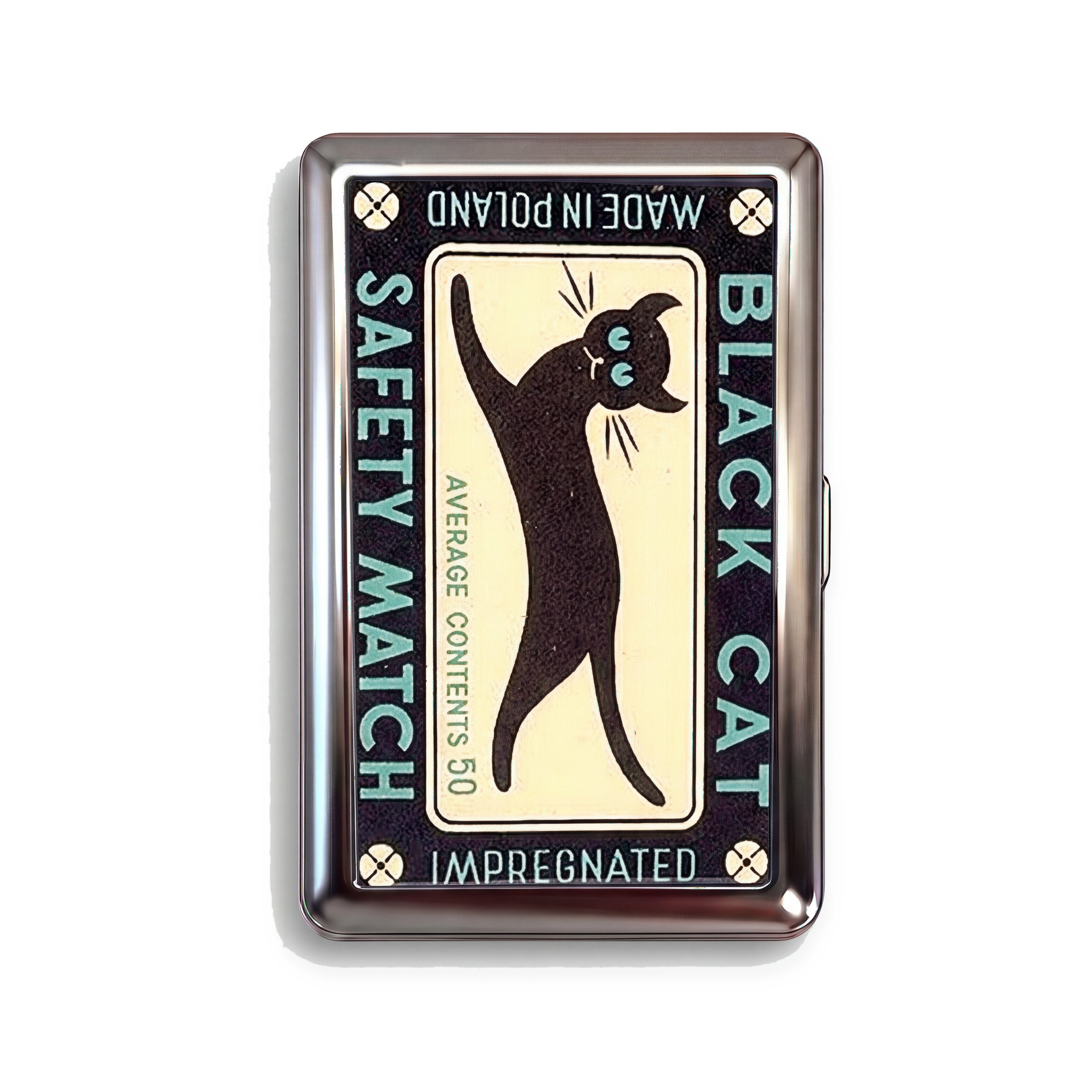 Black Cat Match tin cardholder wallet with vintage Polish black cat safety match label design