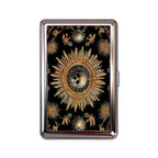 Black Sun tin cardholder wallet with baroque gold sunburst skulls on black design