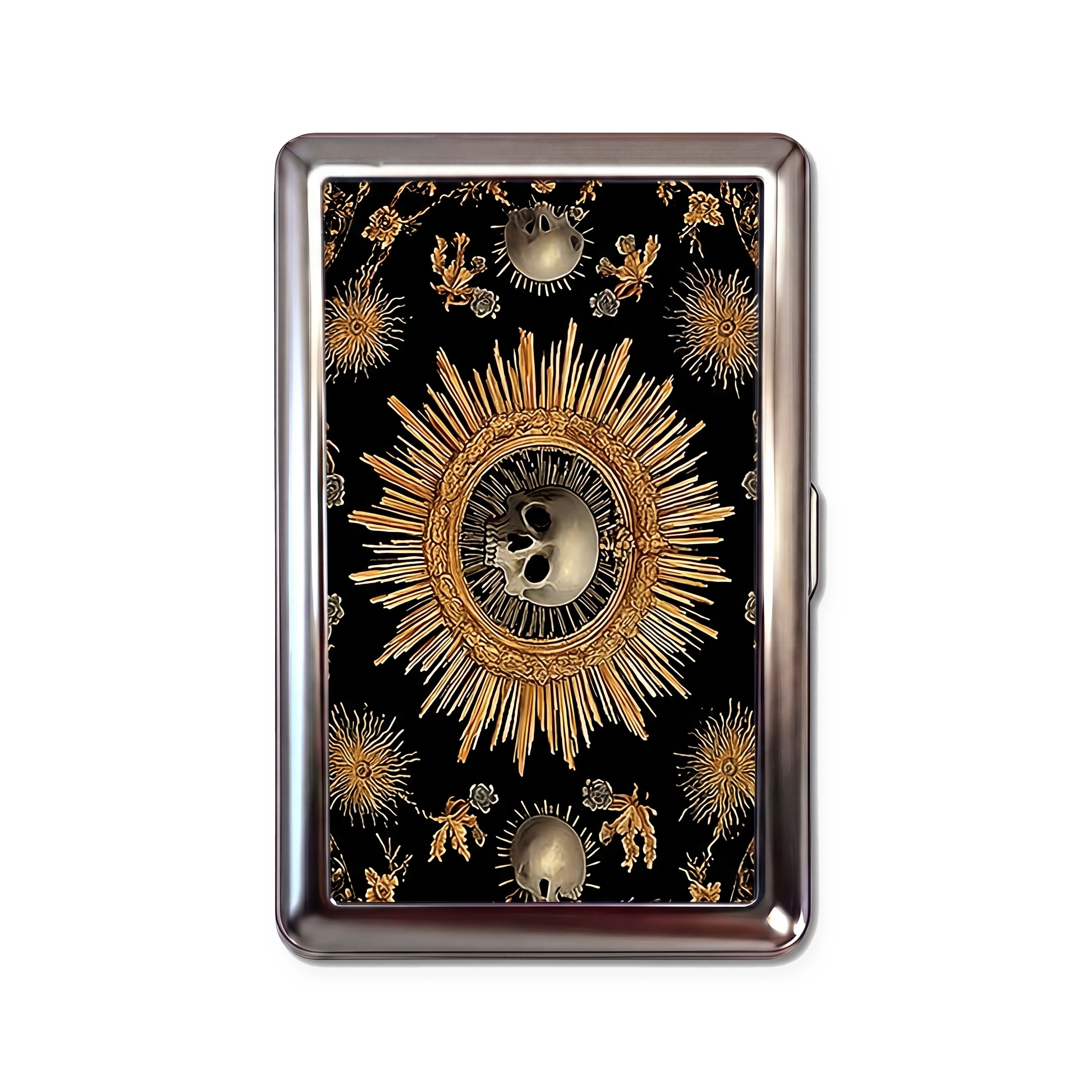 Black Sun tin cardholder wallet with baroque gold sunburst skulls on black design