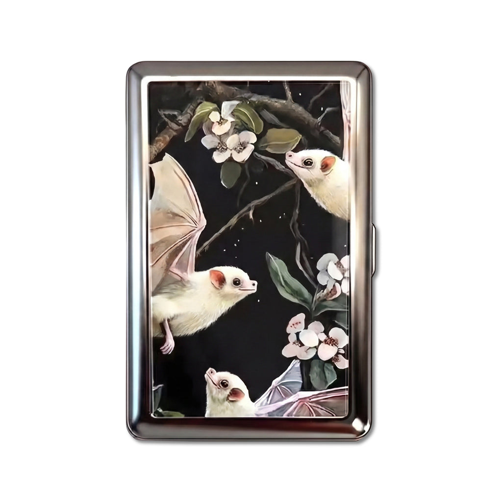 Blossom Bats tin cardholder wallet with pale bats among white flowers on black