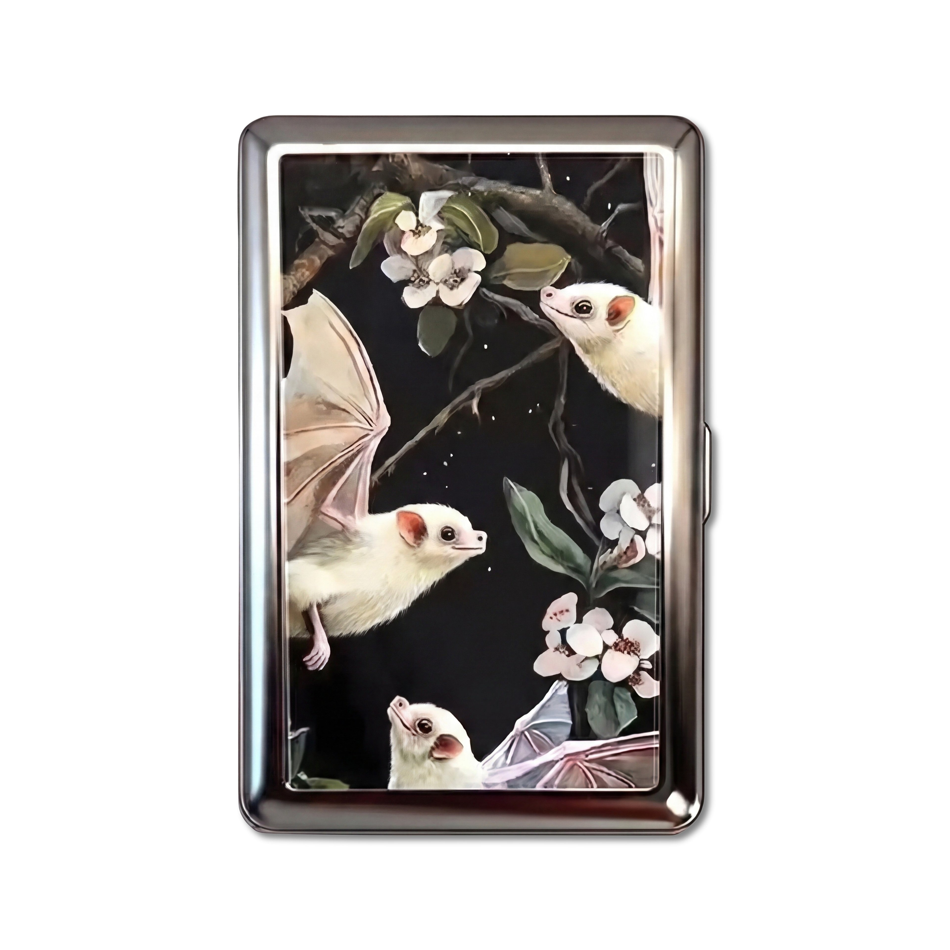 Blossom Bats tin cardholder wallet with pale bats among white flowers on black