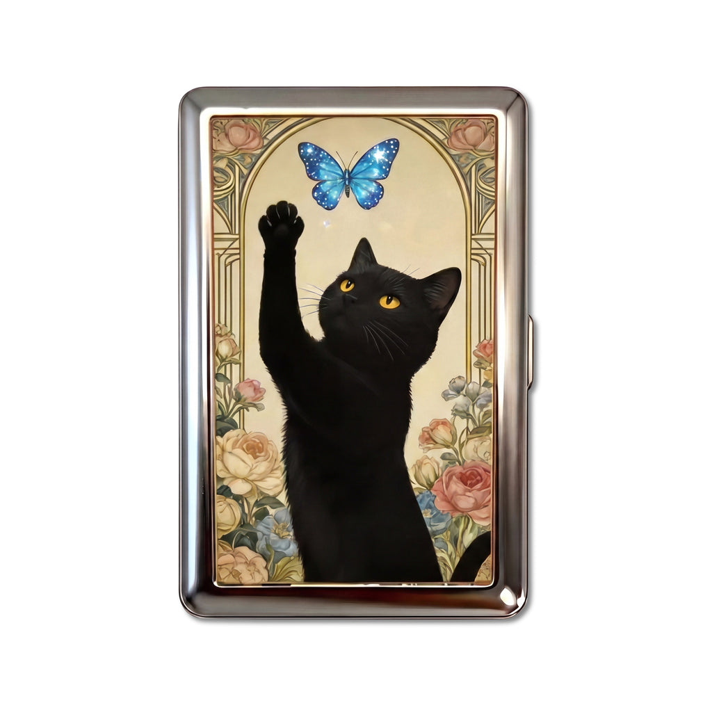 Butterfly Chaser tin cardholder wallet with black cat reaching for a blue butterfly