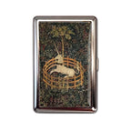 Caged Unicorn tin cardholder wallet featuring medieval tapestry of unicorn in captivity