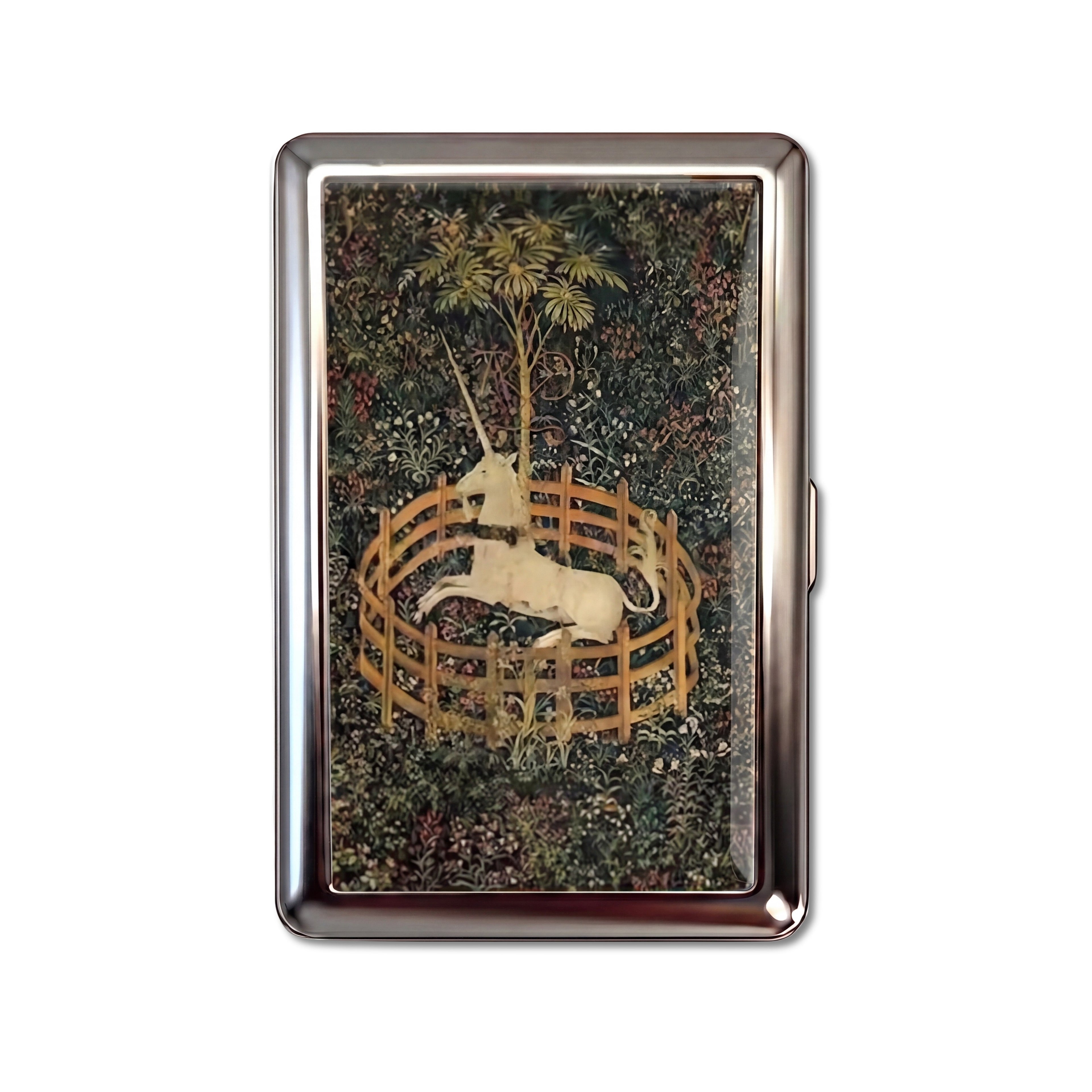 Caged Unicorn tin cardholder wallet featuring medieval tapestry of unicorn in captivity