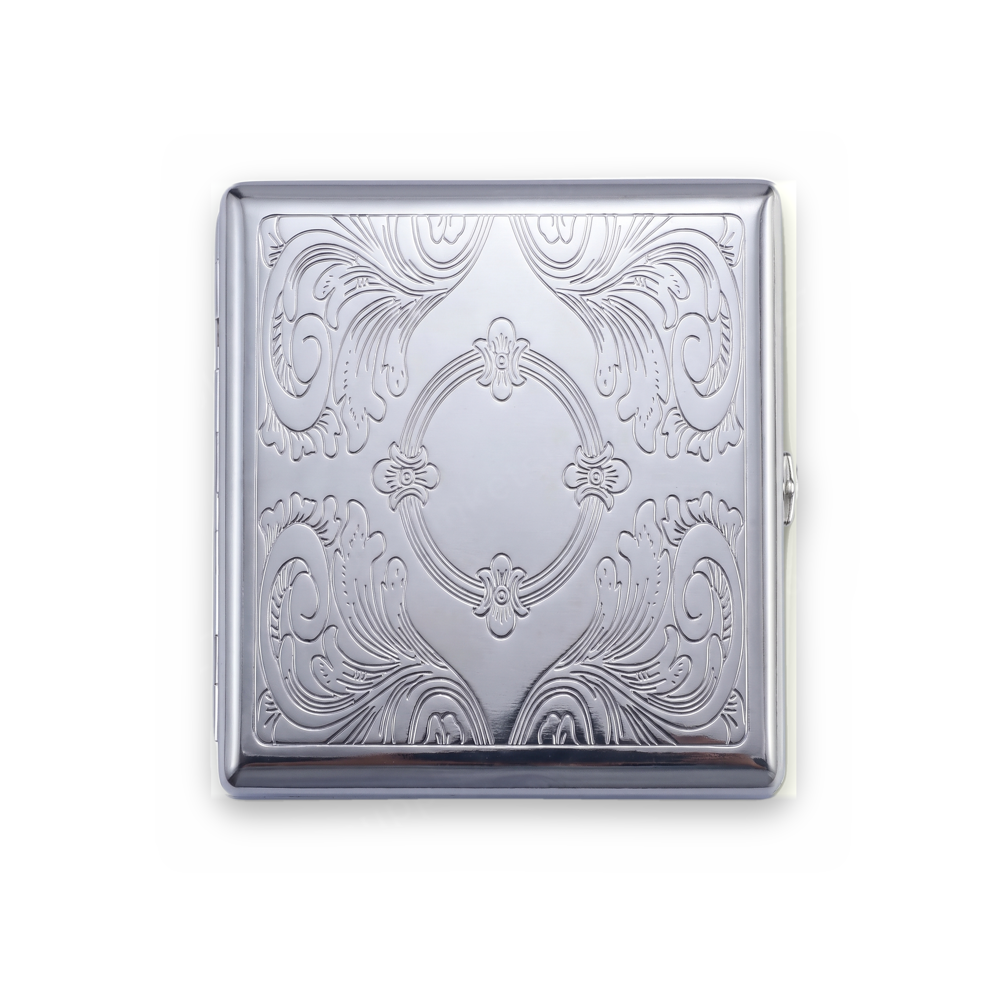Séance chrome cardholder wallet with etched Victorian scrollwork and empty oval frame