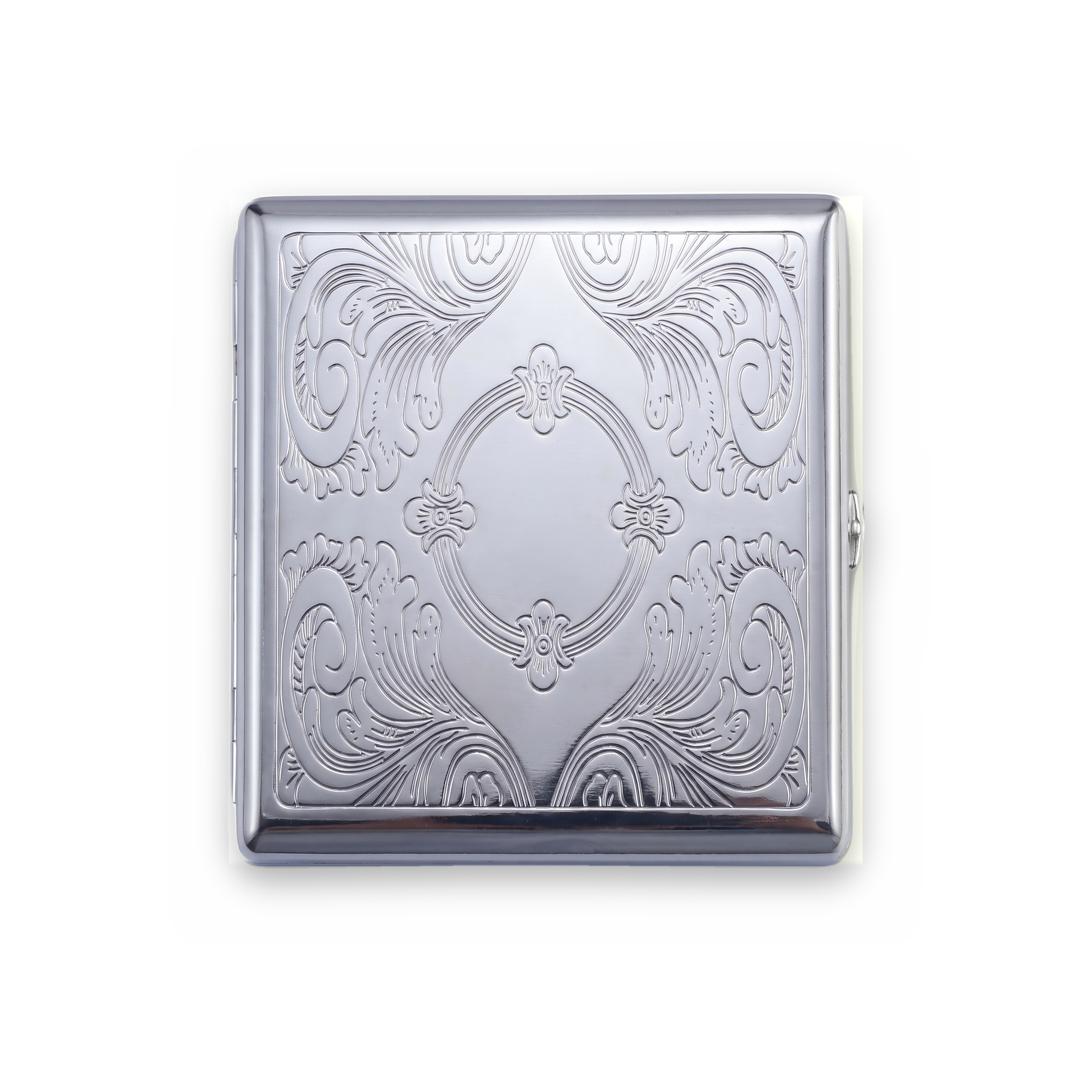 Séance chrome cardholder wallet with etched Victorian scrollwork and empty oval frame