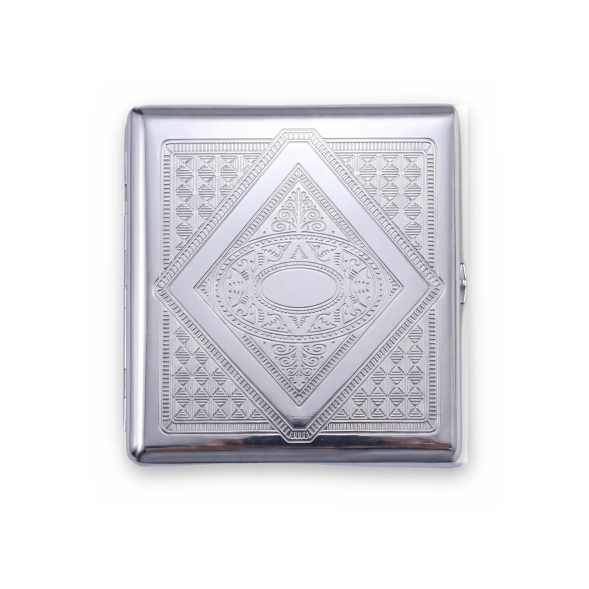 Evil Eye chrome cardholder wallet with art deco diamond and oval medallion engraving