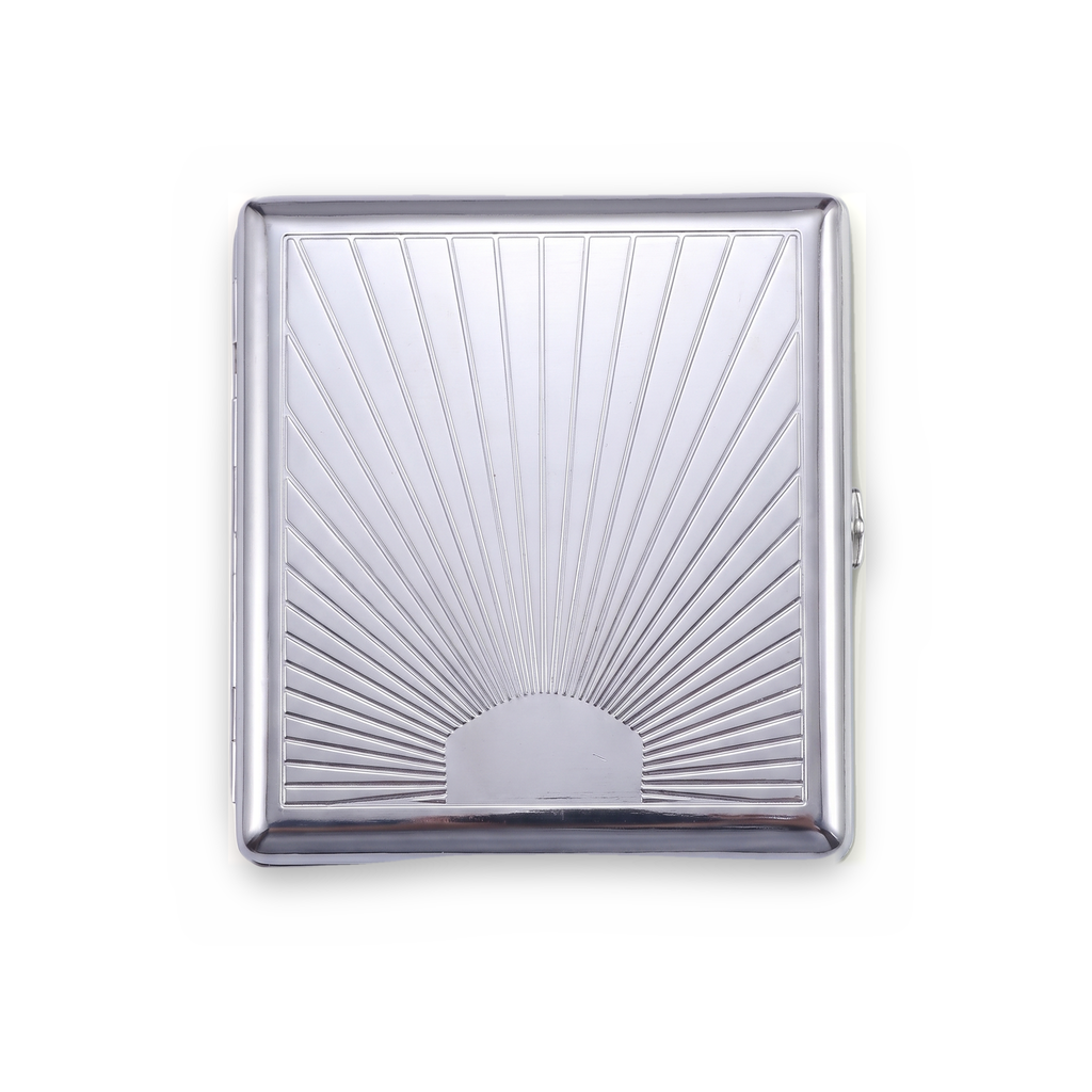 Solstice chrome cardholder wallet with art deco sunburst ray engraving