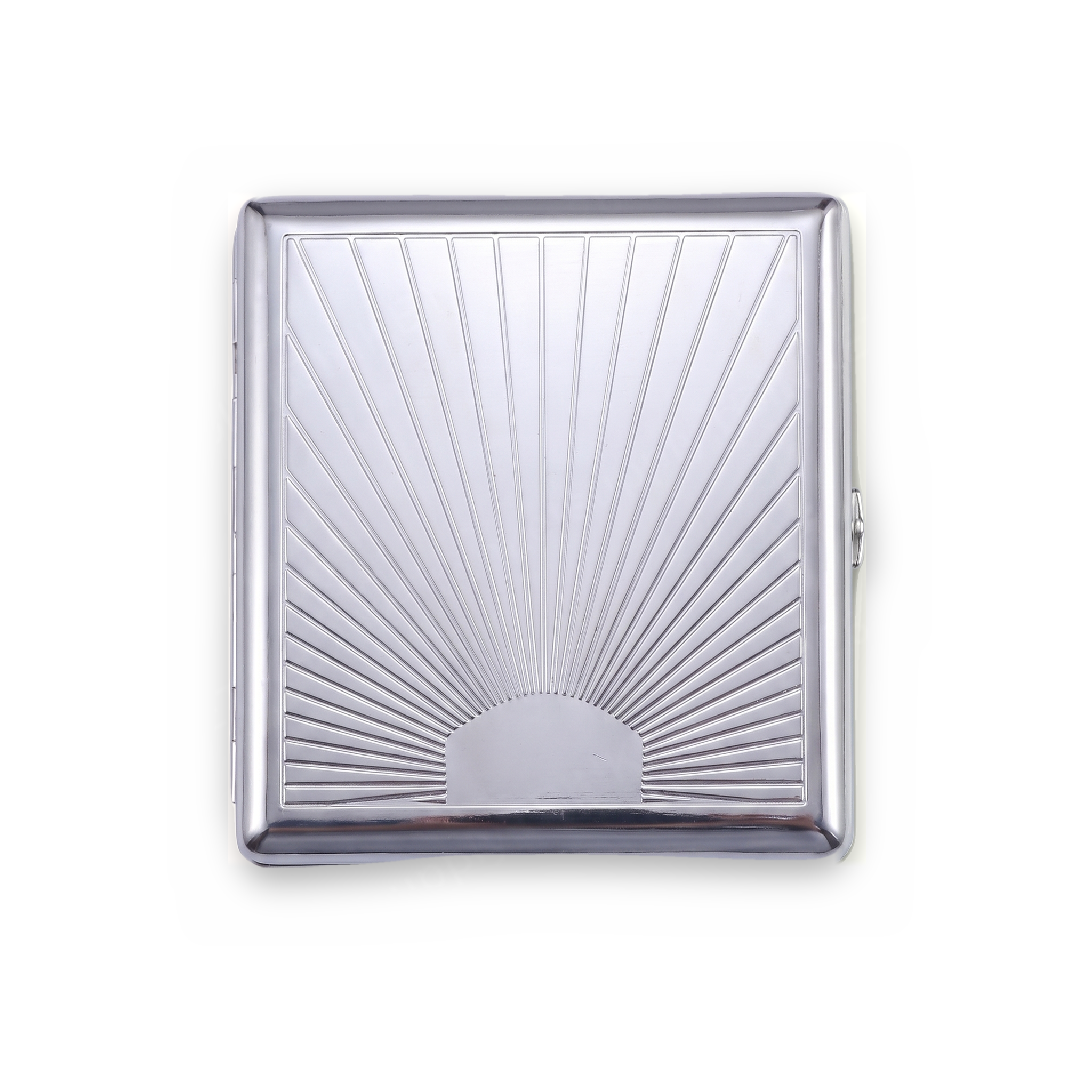 Solstice chrome cardholder wallet with art deco sunburst ray engraving