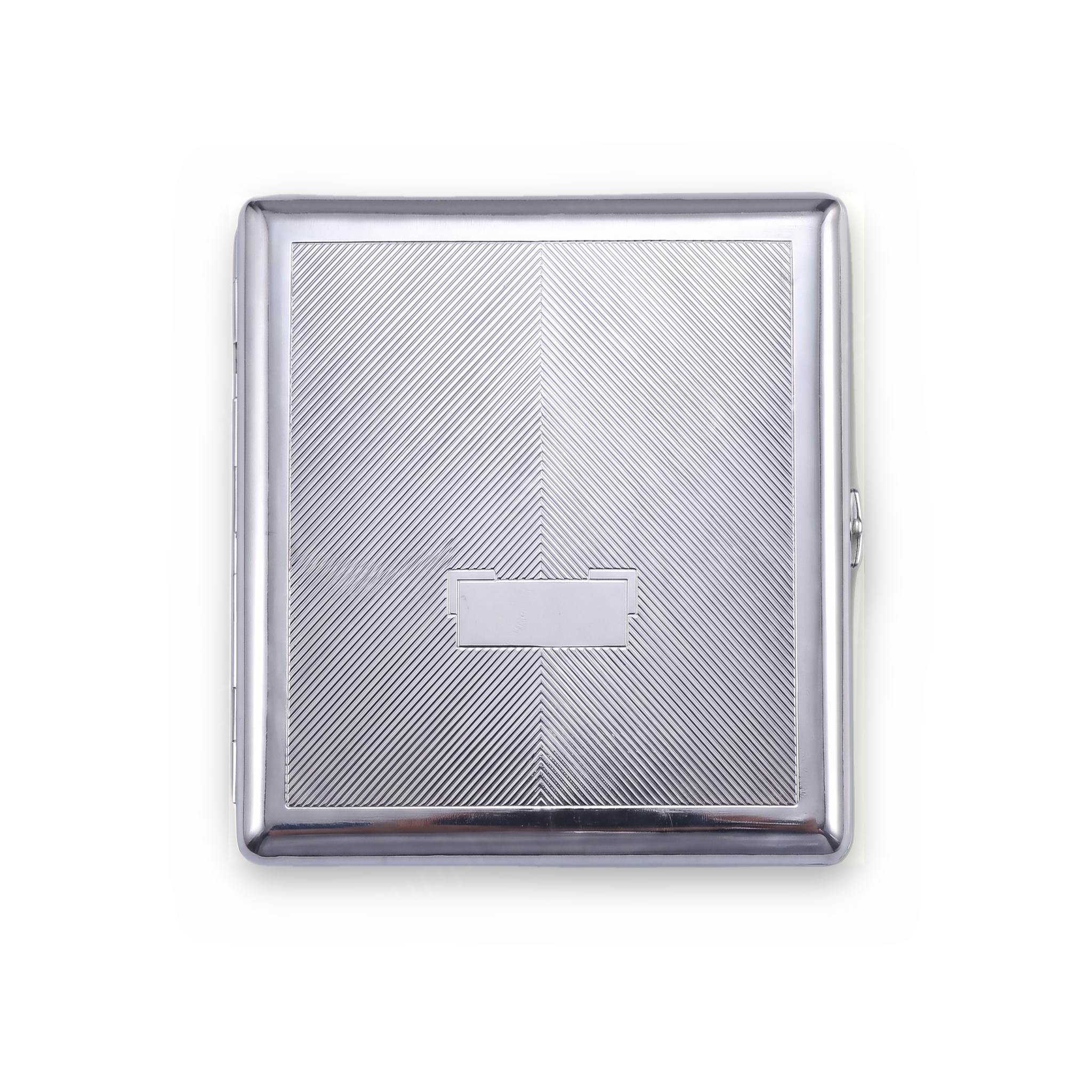 Static chrome cardholder wallet with fine herringbone engine-turned engraving and center plaque