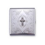 Sunday Scaries chrome cardholder wallet with raised ornate cross and crystal on etched scrollwork