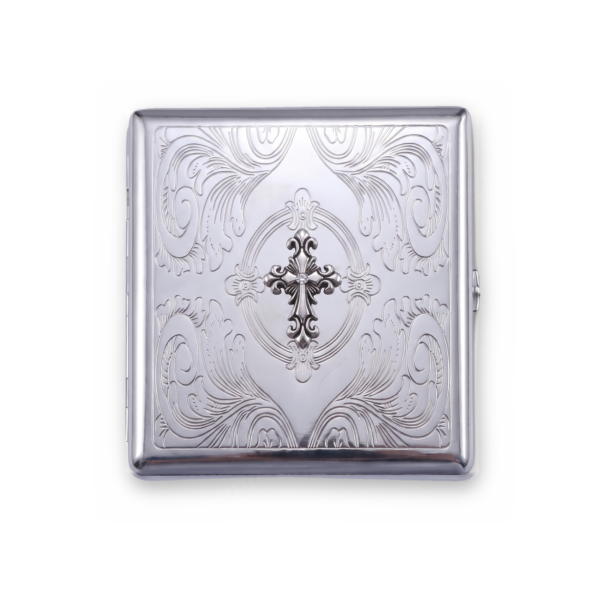 Sunday Scaries chrome cardholder wallet with raised ornate cross and crystal on etched scrollwork