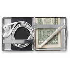 Trinket chrome cardholder wallet open showing cards, earbuds, and folded cash inside