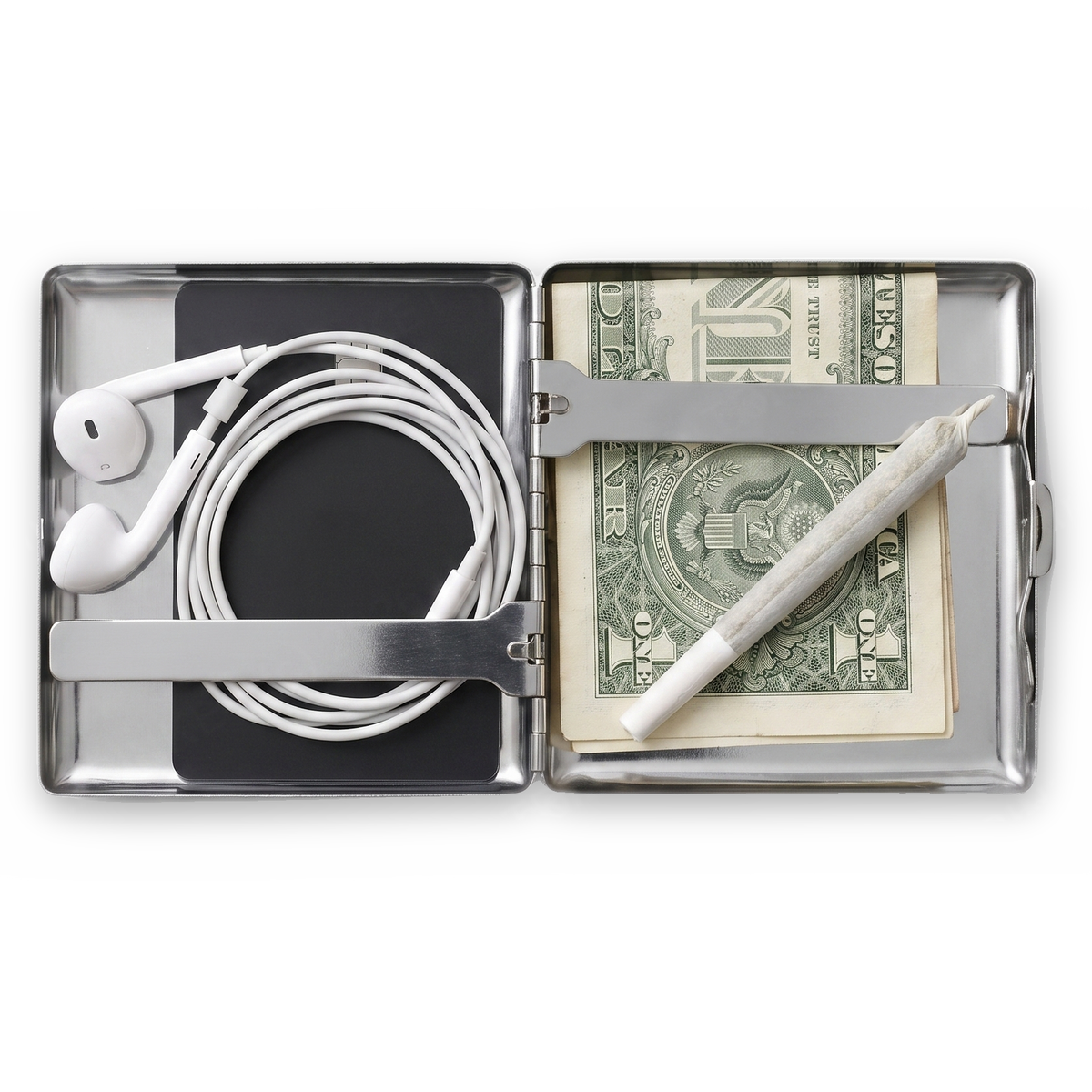 Trinket chrome cardholder wallet open showing cards, earbuds, and folded cash inside