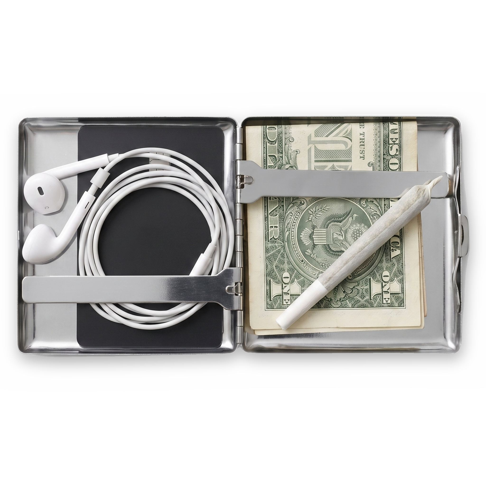 Trinket chrome cardholder wallet open showing cards, earbuds, and folded cash inside