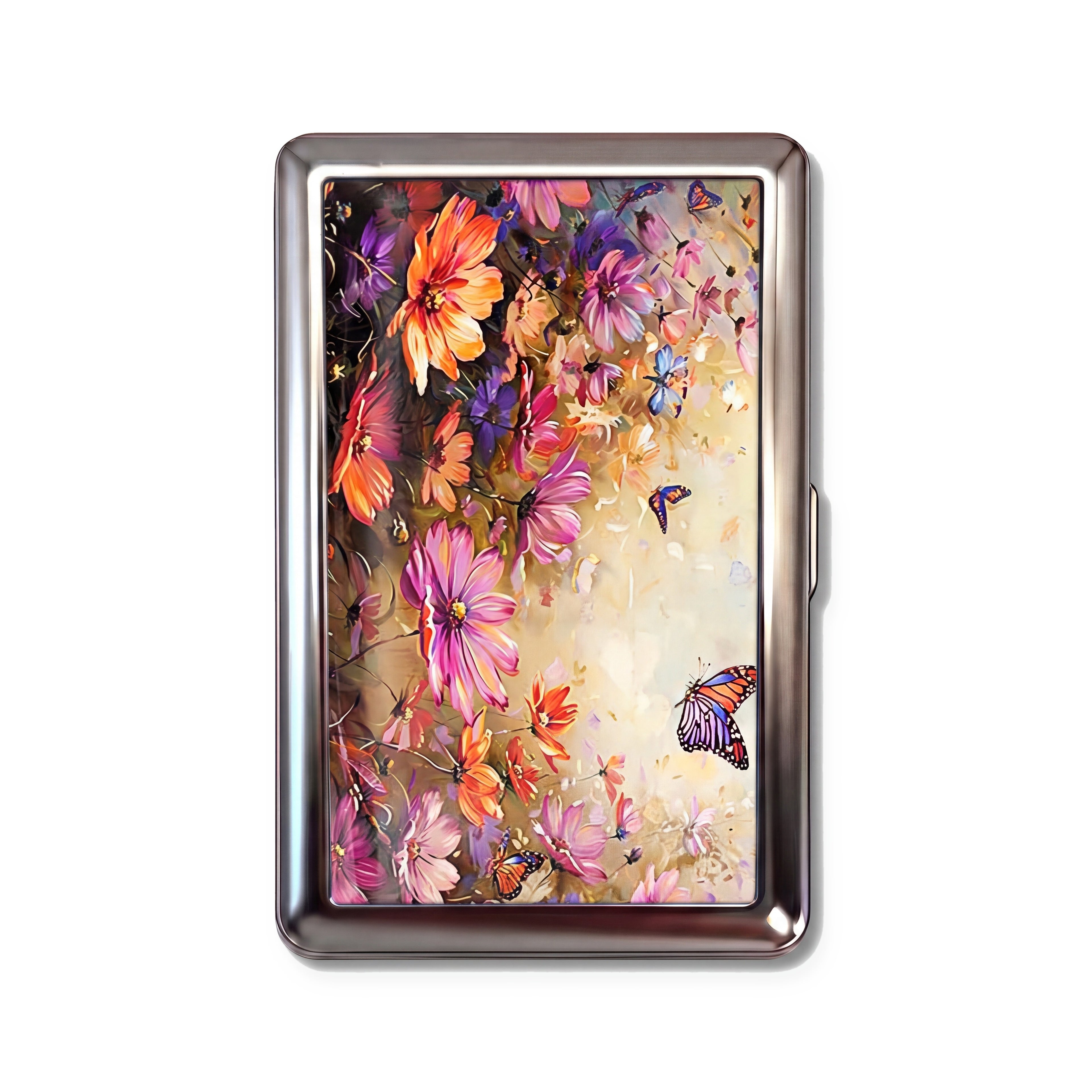 Cosmos Garden tin cardholder wallet with painted wildflowers and monarch butterflies design