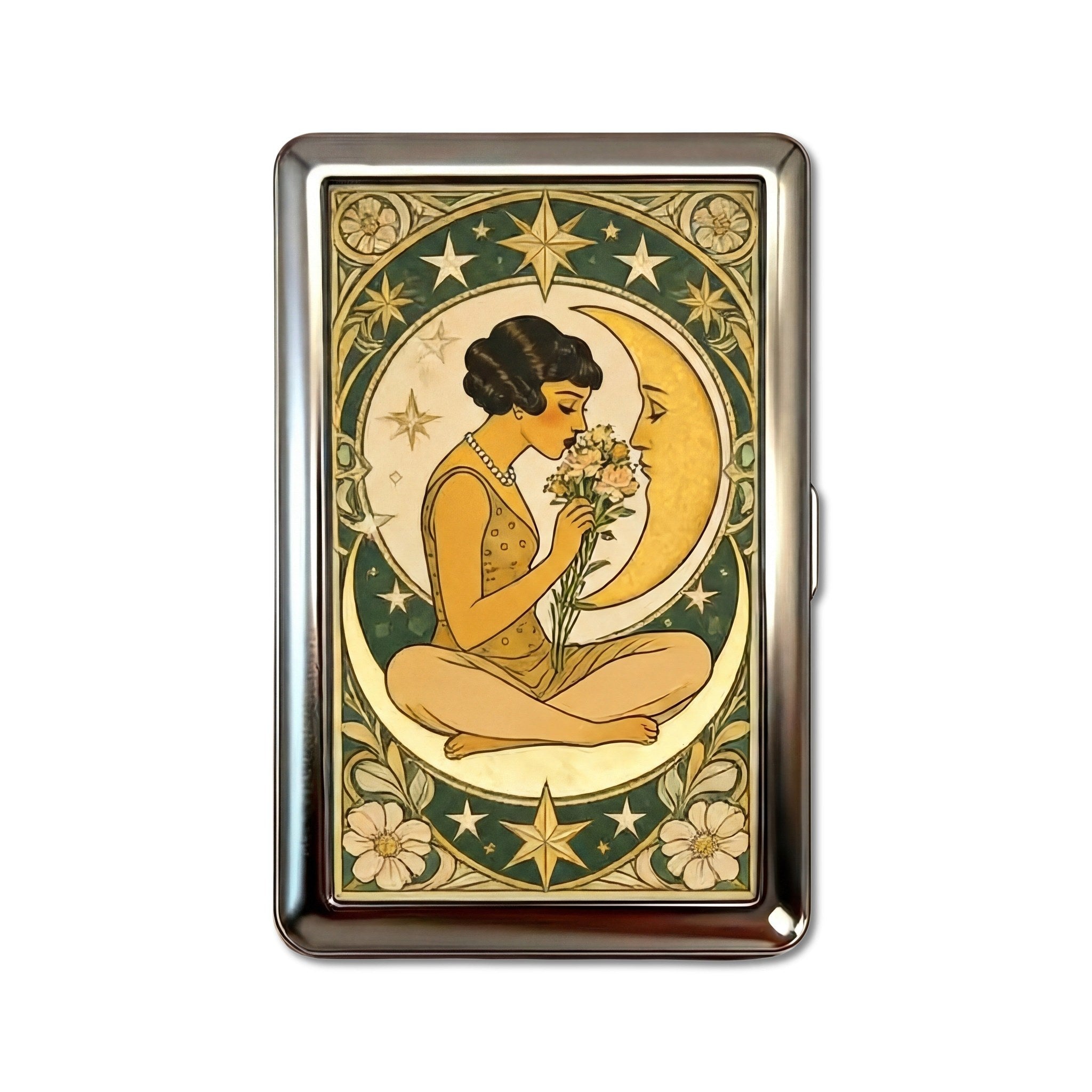 Crescent Bouquet tin cardholder wallet with Art Deco woman on crescent moon holding flowers