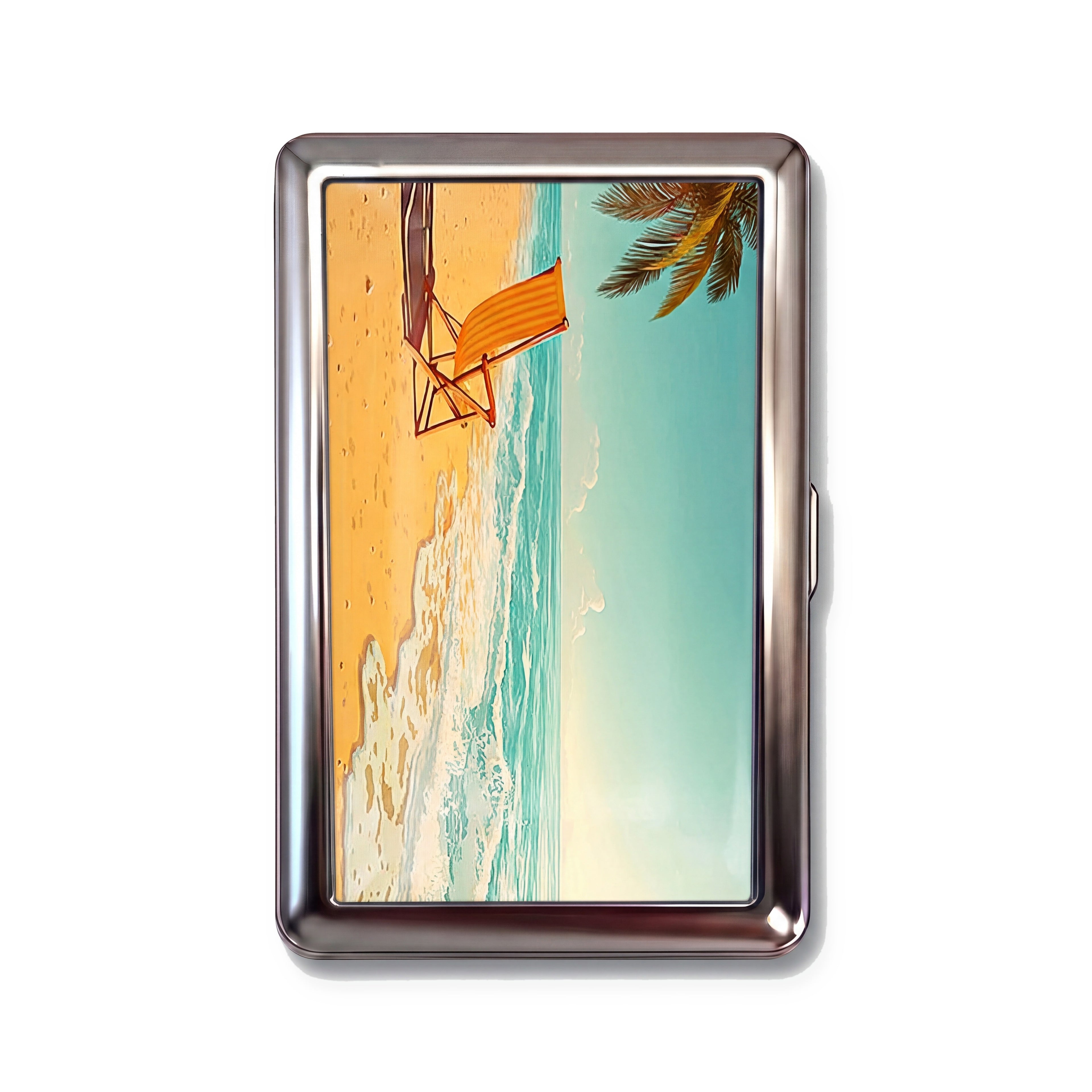 Endless Summer tin cardholder wallet with retro beach chair palm tree and ocean design