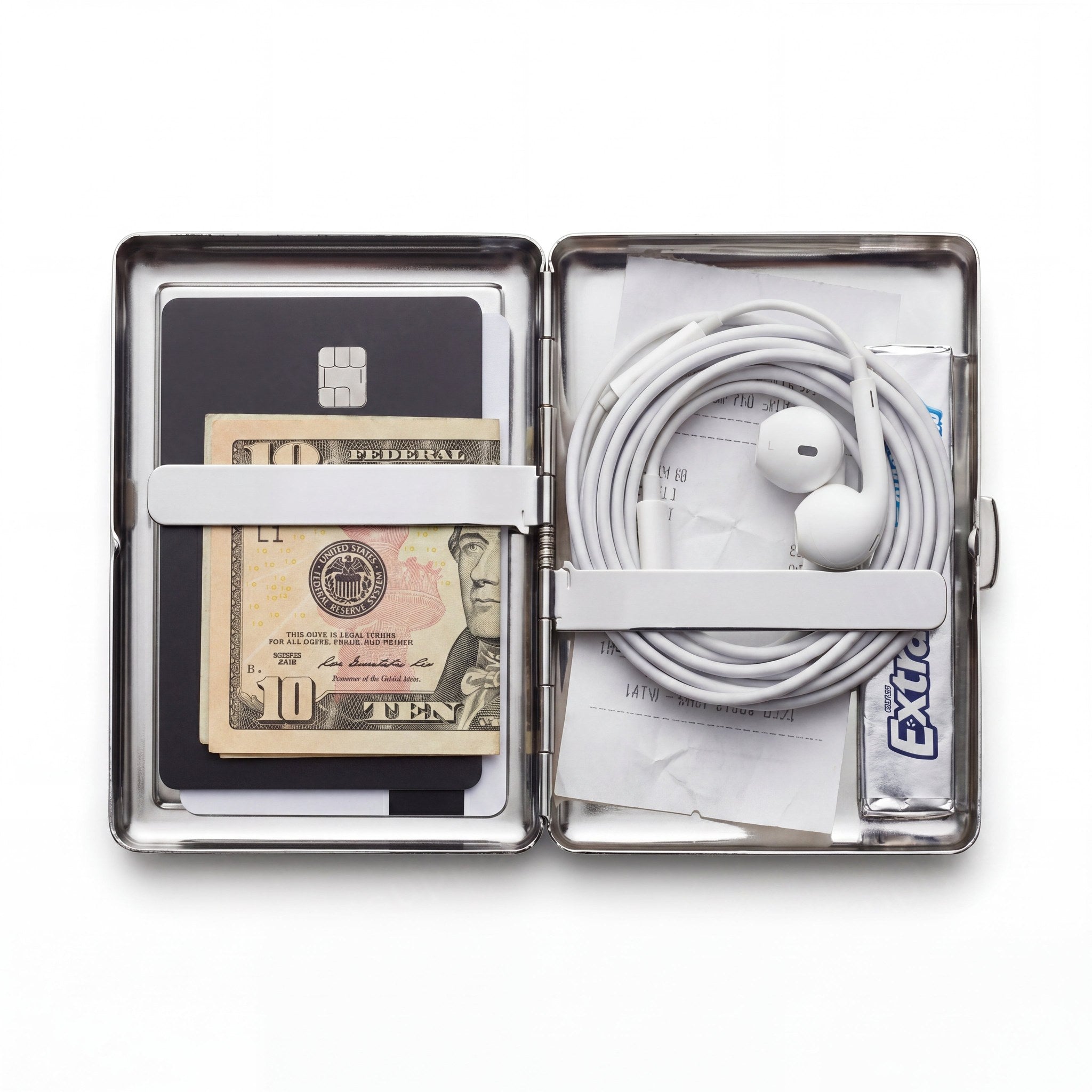 Trinket tin cardholder wallet open showing cards, cash, and everyday carry essentials