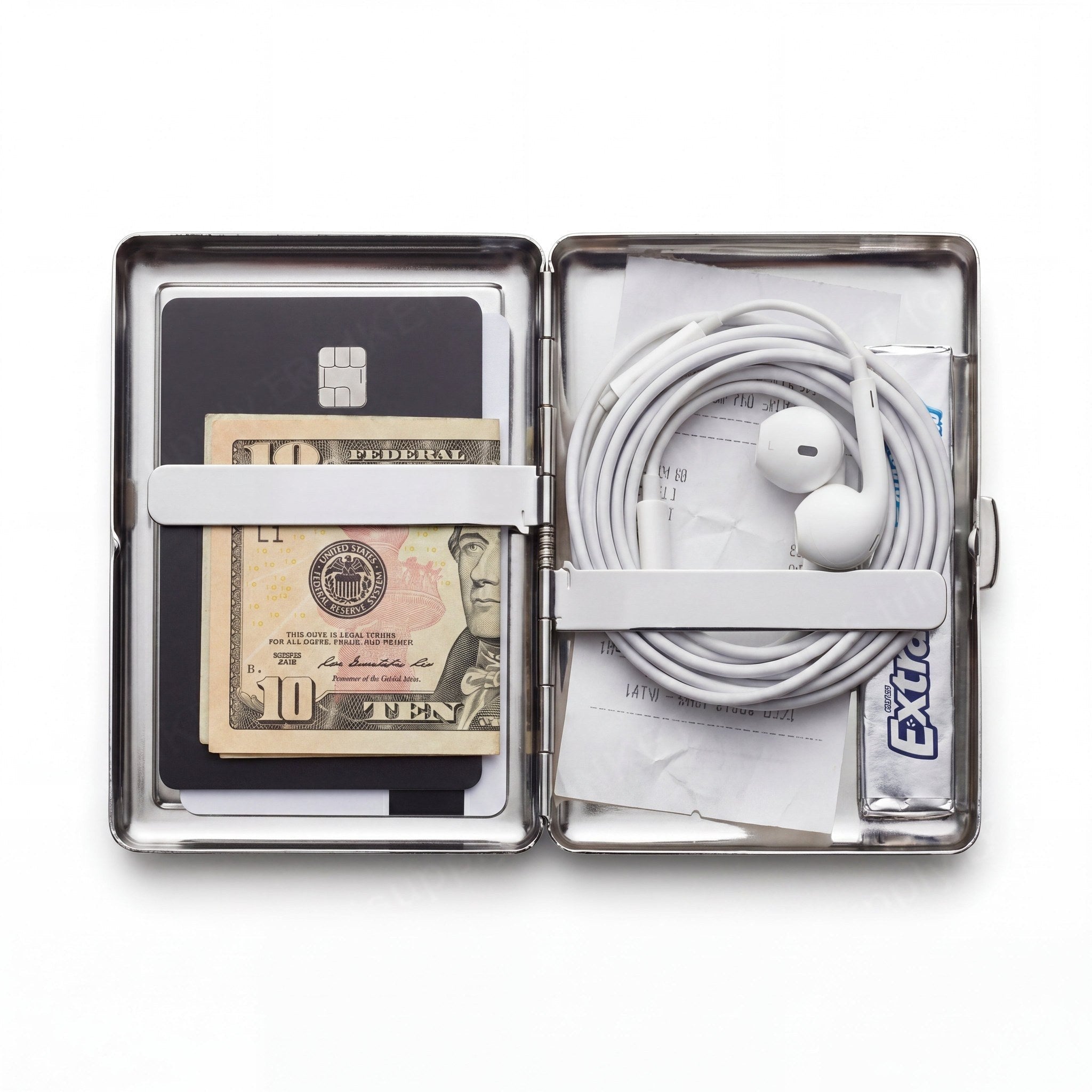Trinket tin cardholder wallet open with everyday lunch-break essentials inside