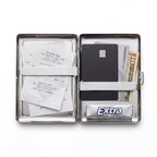 Trinket tin cardholder wallet open showing cards, cash, and everyday carry essentials