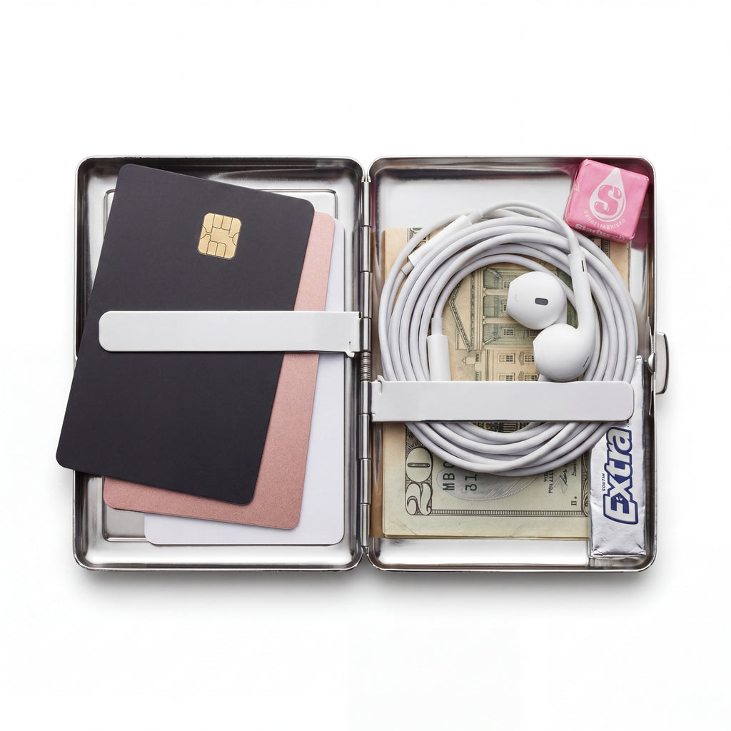 Trinket tin cardholder wallet open showing cards, cash, and everyday carry essentials