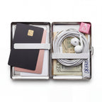 Trinket tin cardholder wallet open showing cards, cash, and everyday carry essentials