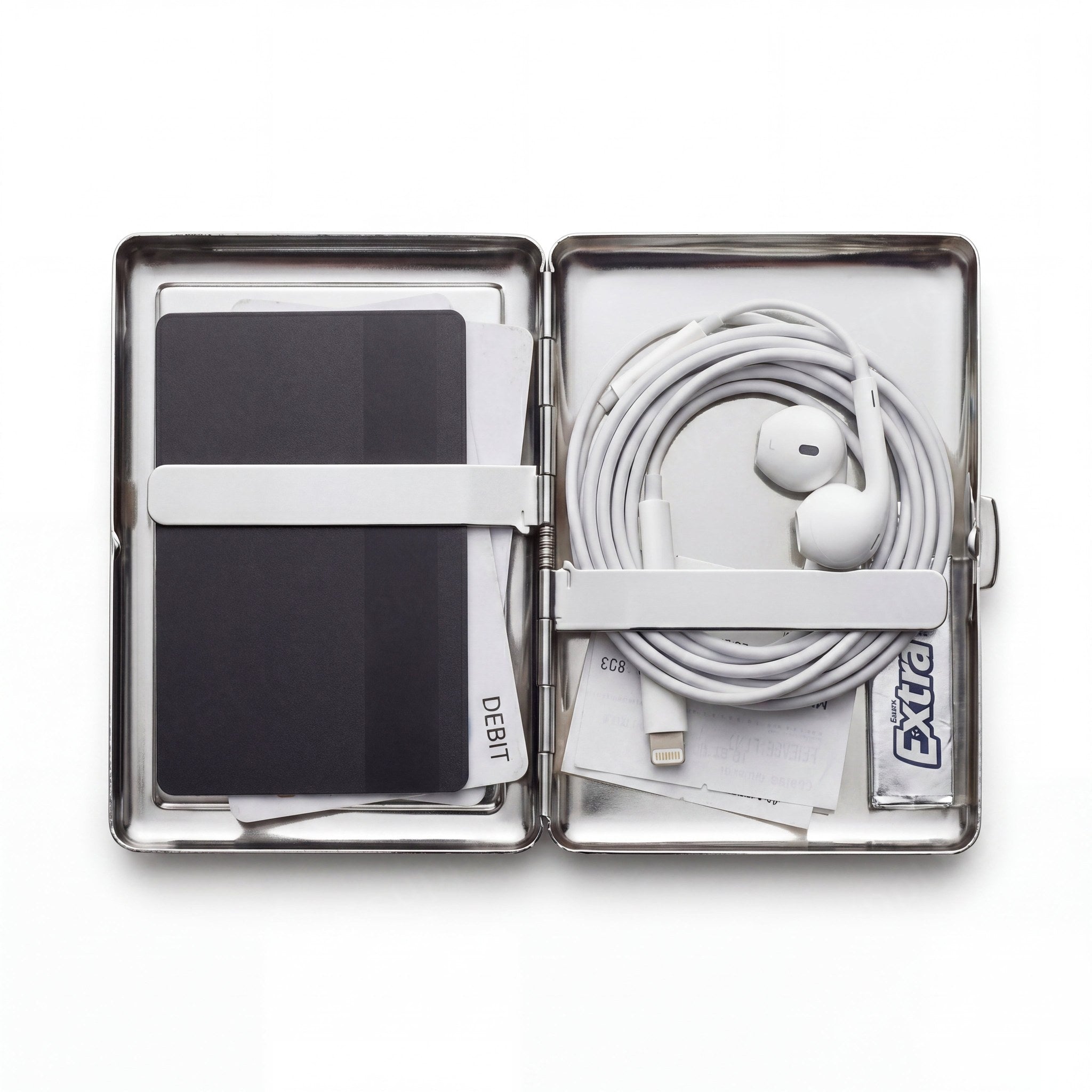 Trinket tin cardholder wallet open showing cards, cash, and everyday carry essentials