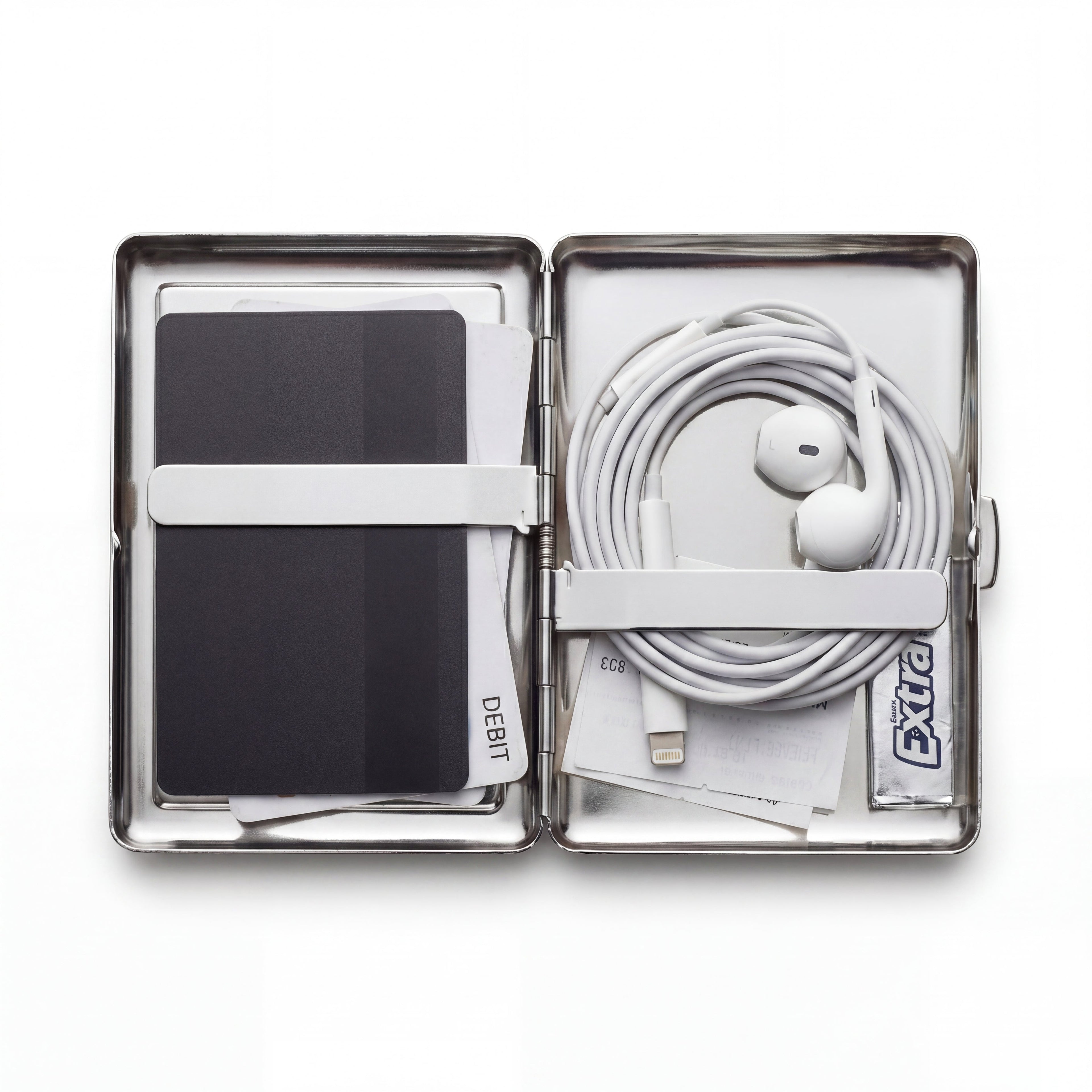 Trinket tin cardholder wallet open showing cards, cash, and everyday carry essentials